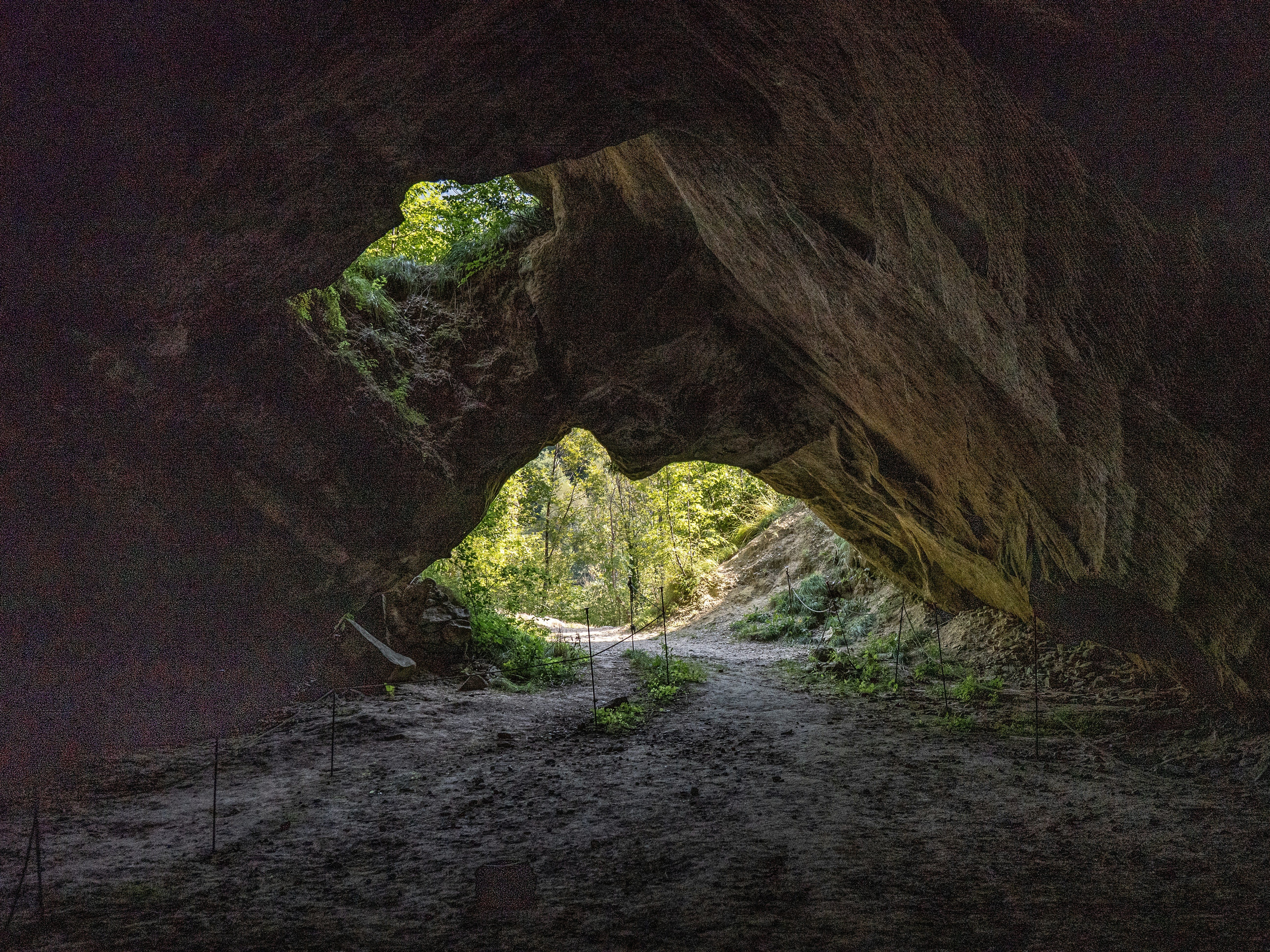 A natural stone archway opening to a sunlit forest path