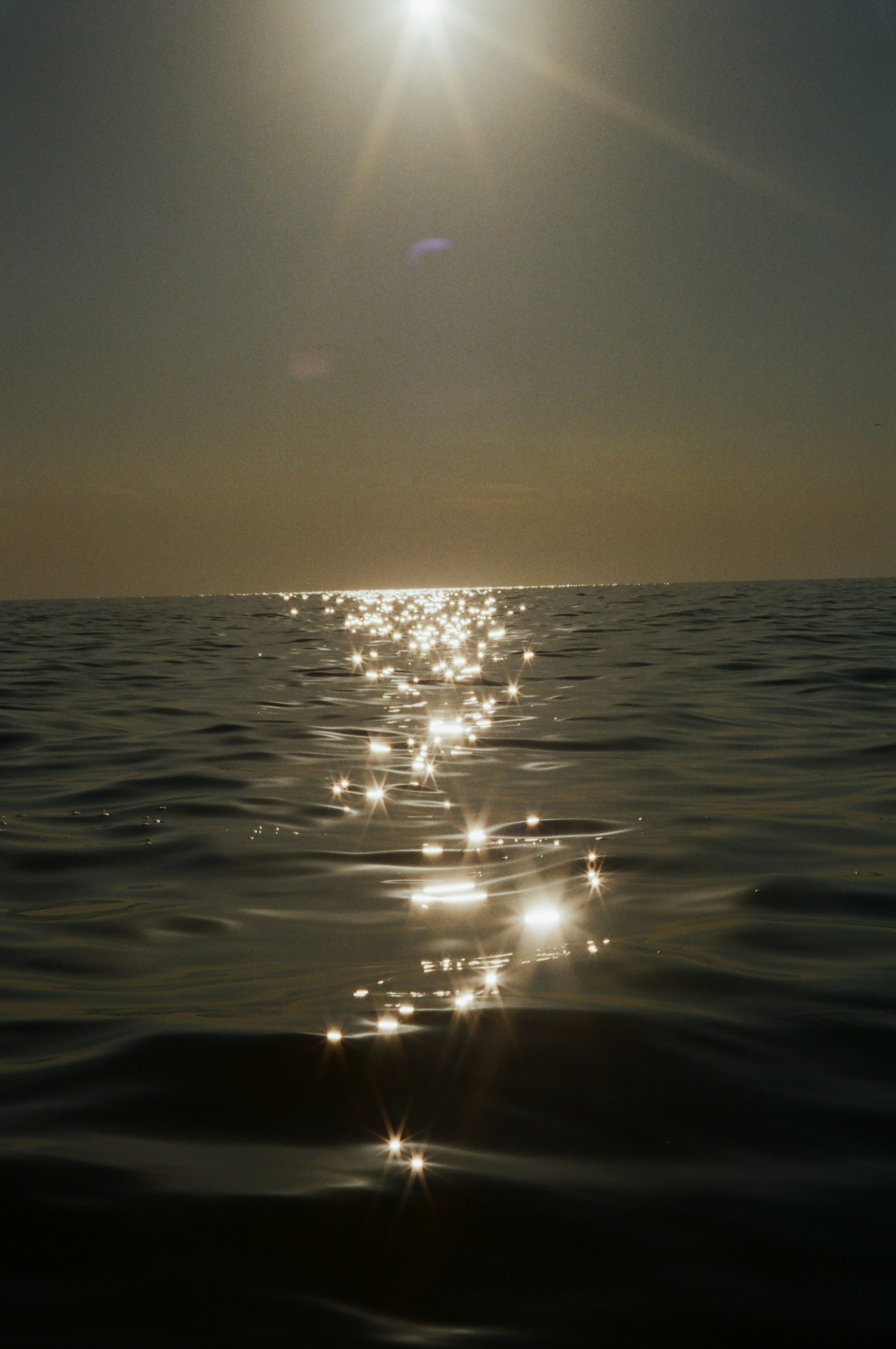 Low sun reflecting in sparkling starburst patterns on the surface of dark water.