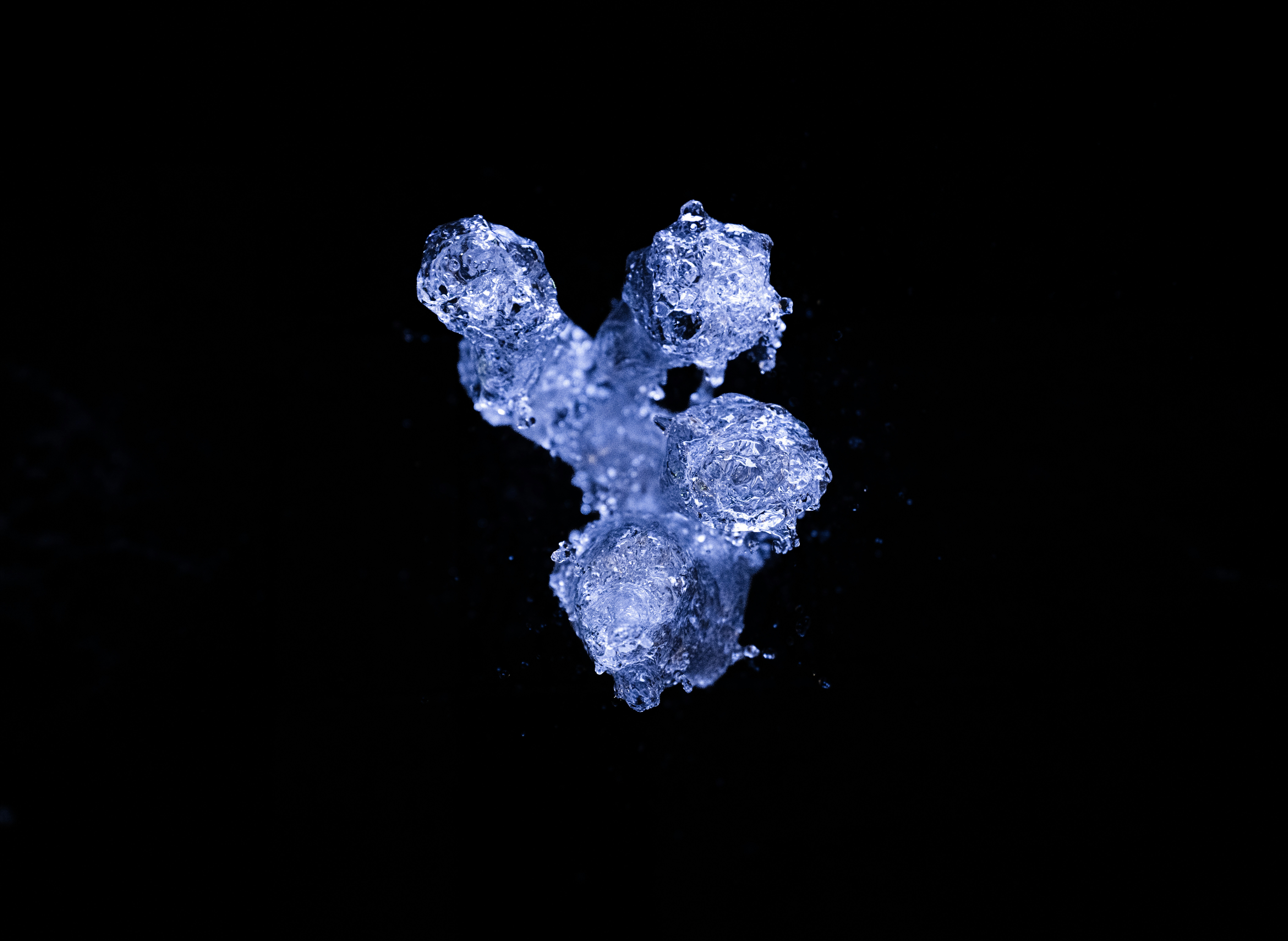 A cluster of clear water droplets suspended against a solid black background.