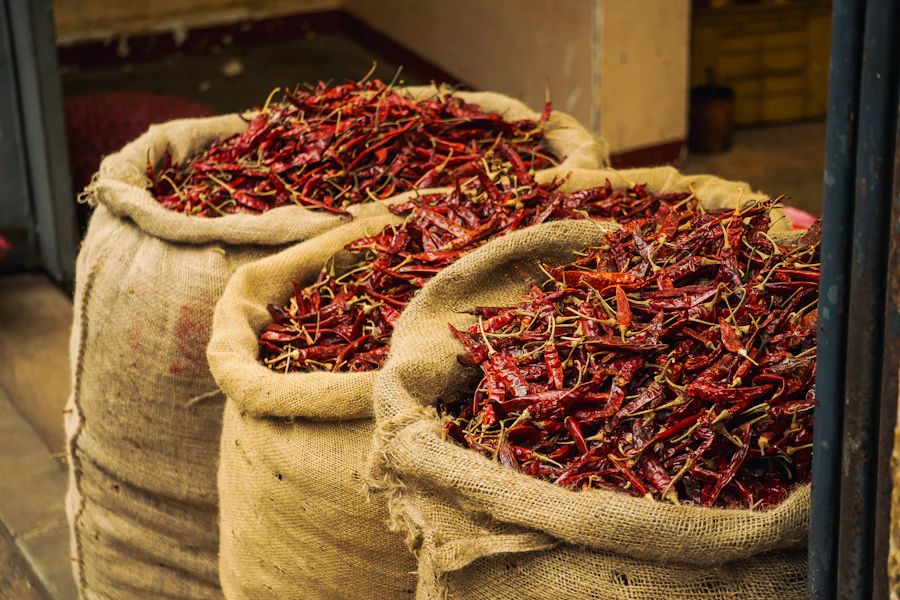 Sacks of whole dried red chillies