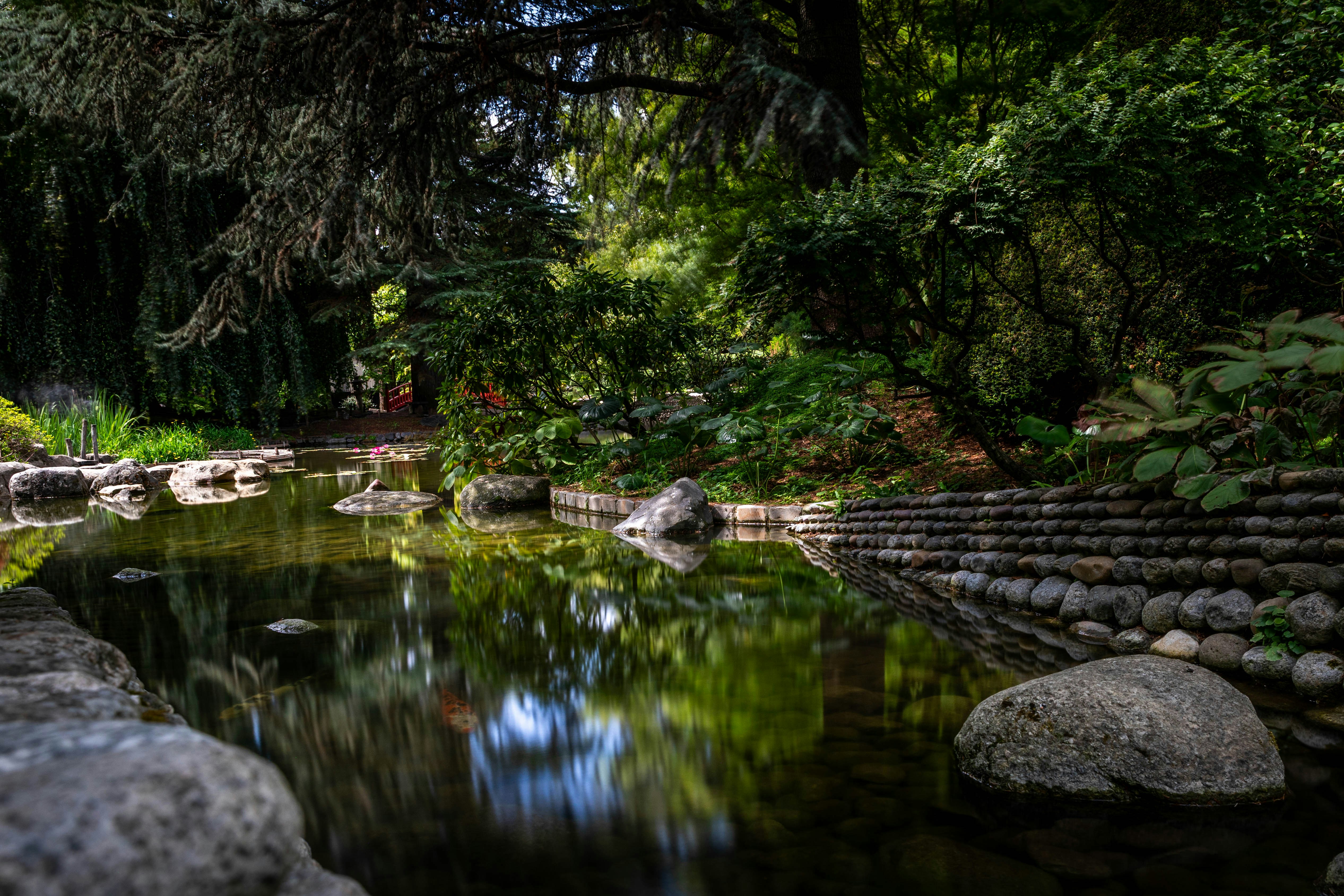 A serene Japanese garden with lush greenery, a traditional wooden pavilion, a flowing stream, and a vibrant red bridge.