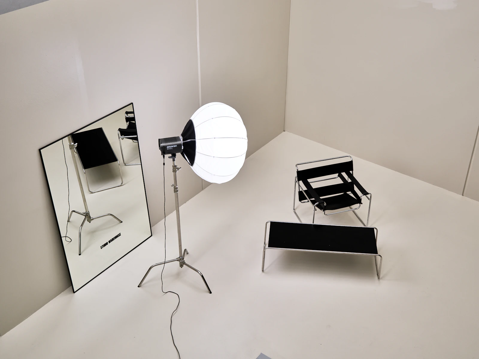 Lantern softbox and a chair on a white product set