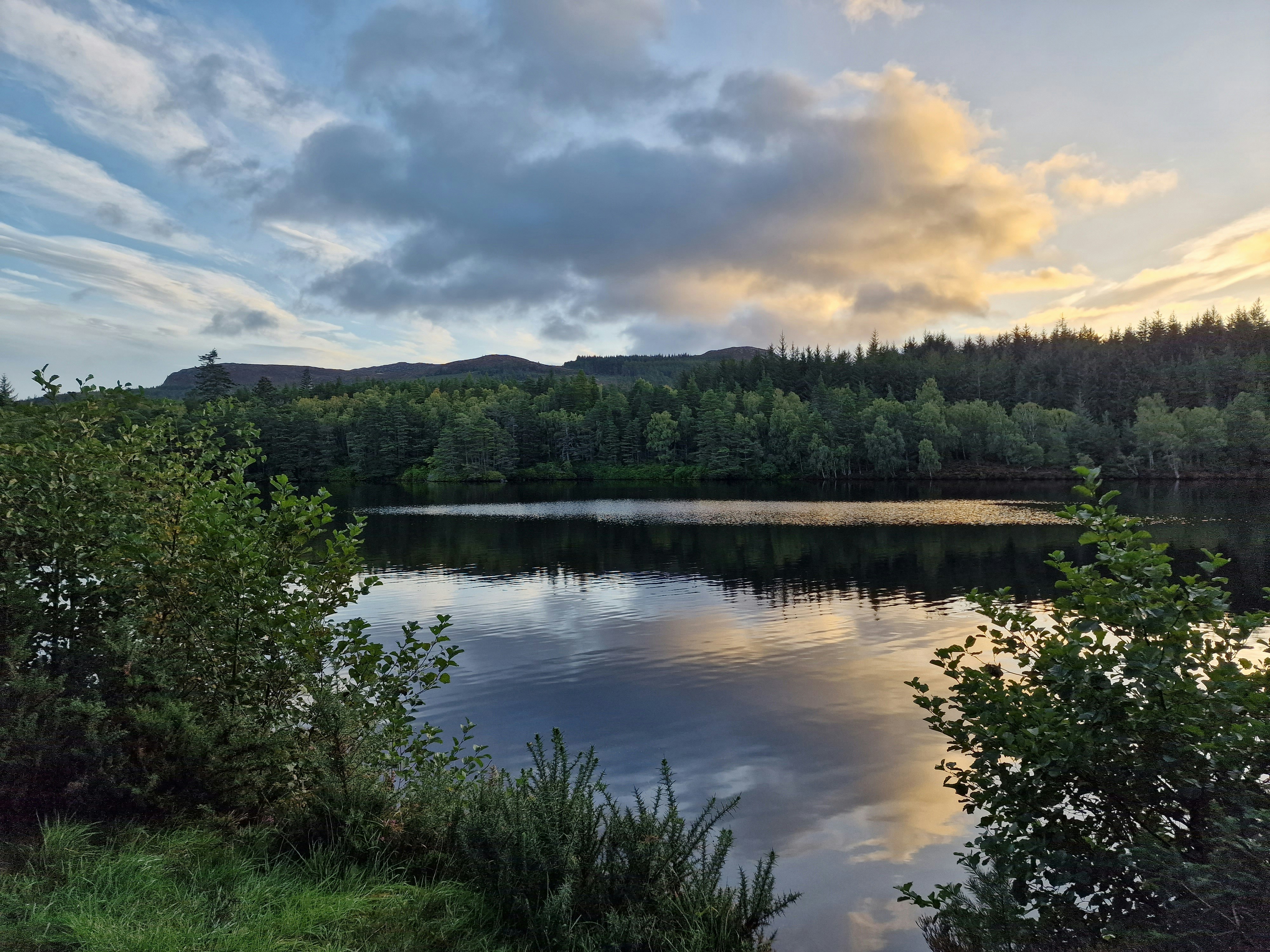 A calm lake reflecting a cloudy sky above a dense forest and distant hills