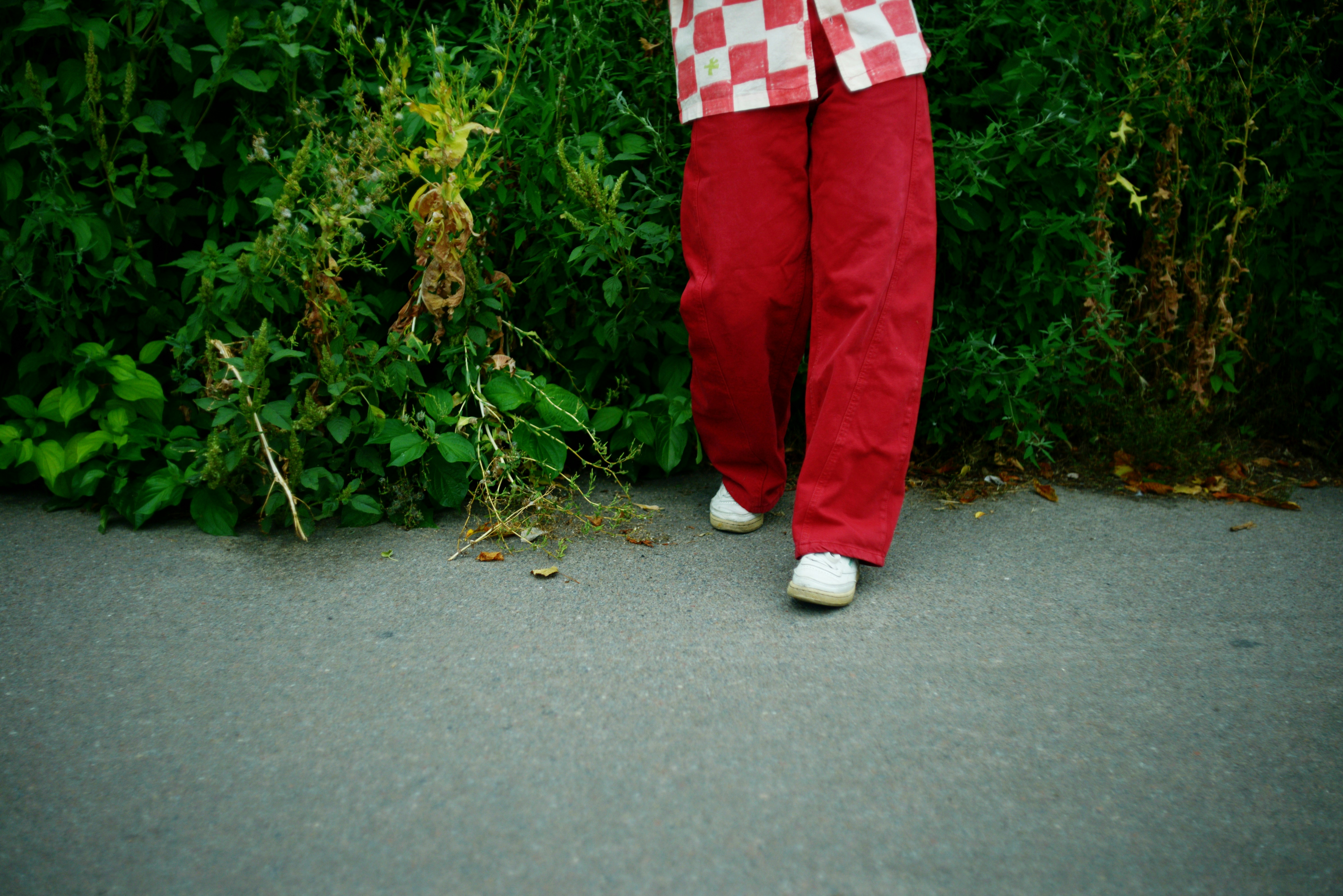 A person in red trousers and a checkered shirt standing on asphalt