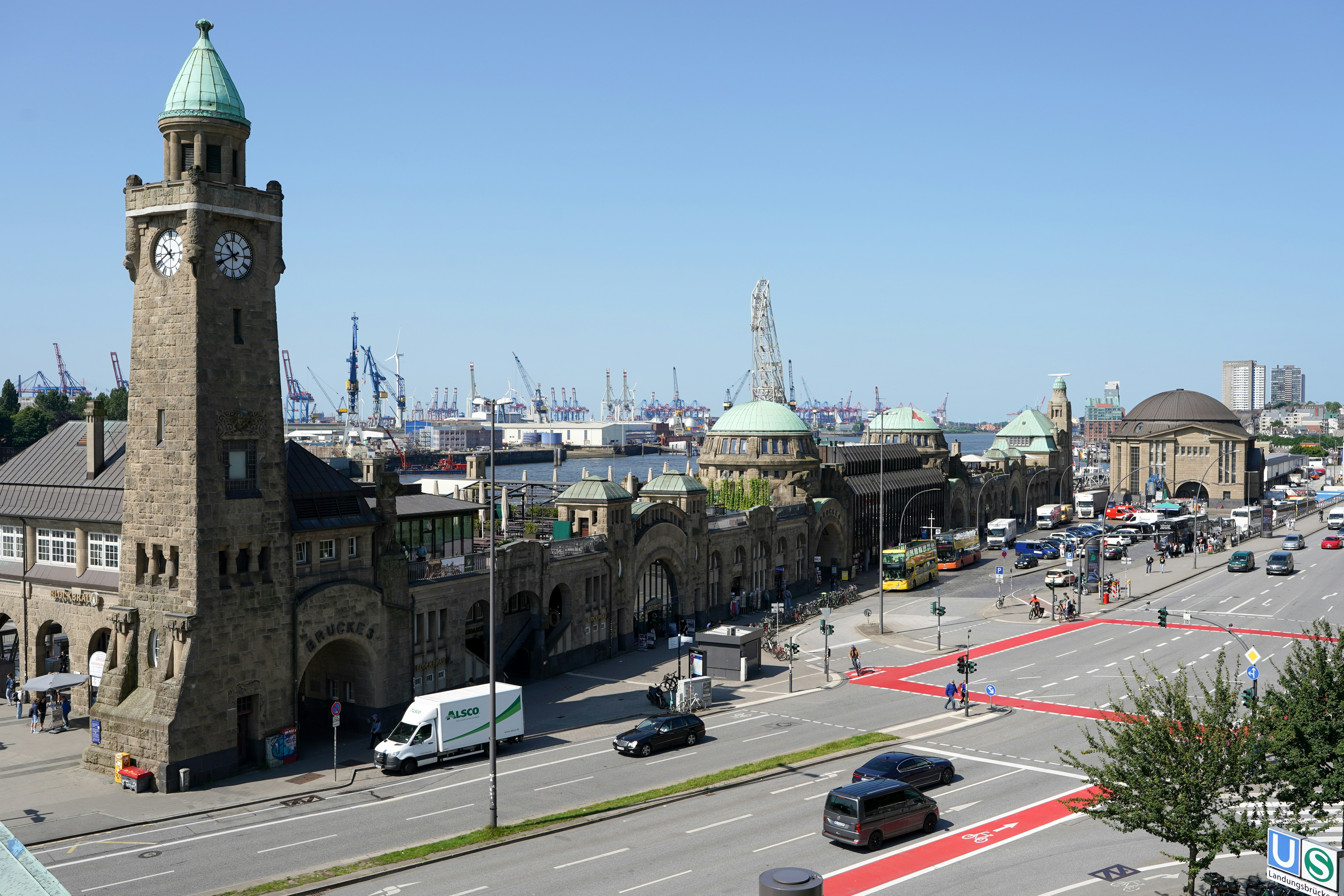 The Landungsbrücken station with its clock tower overlooking the harbor in Hamburg, Germany