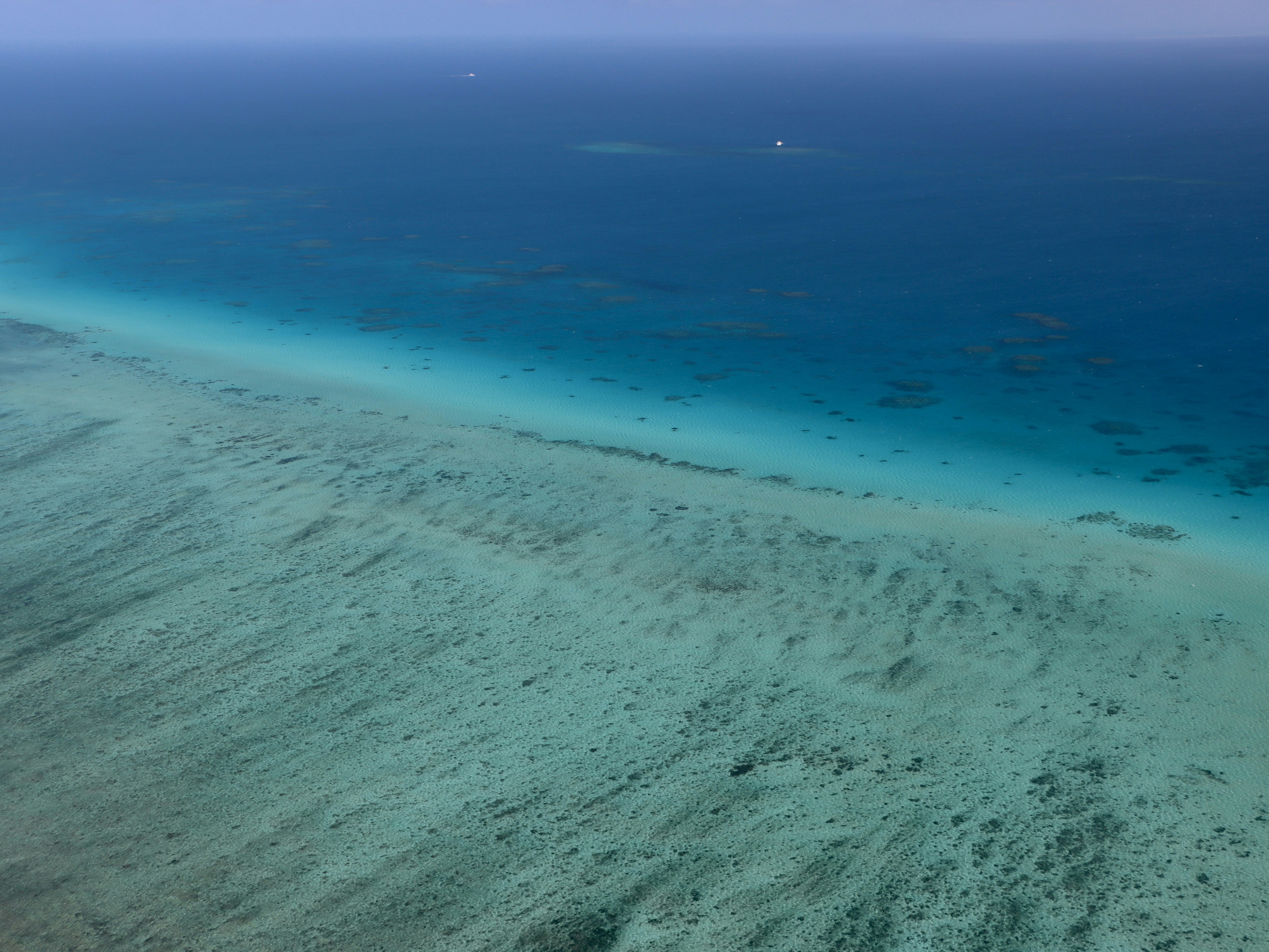 An aerial view of a coral reef with turquoise shallows and deep blue water