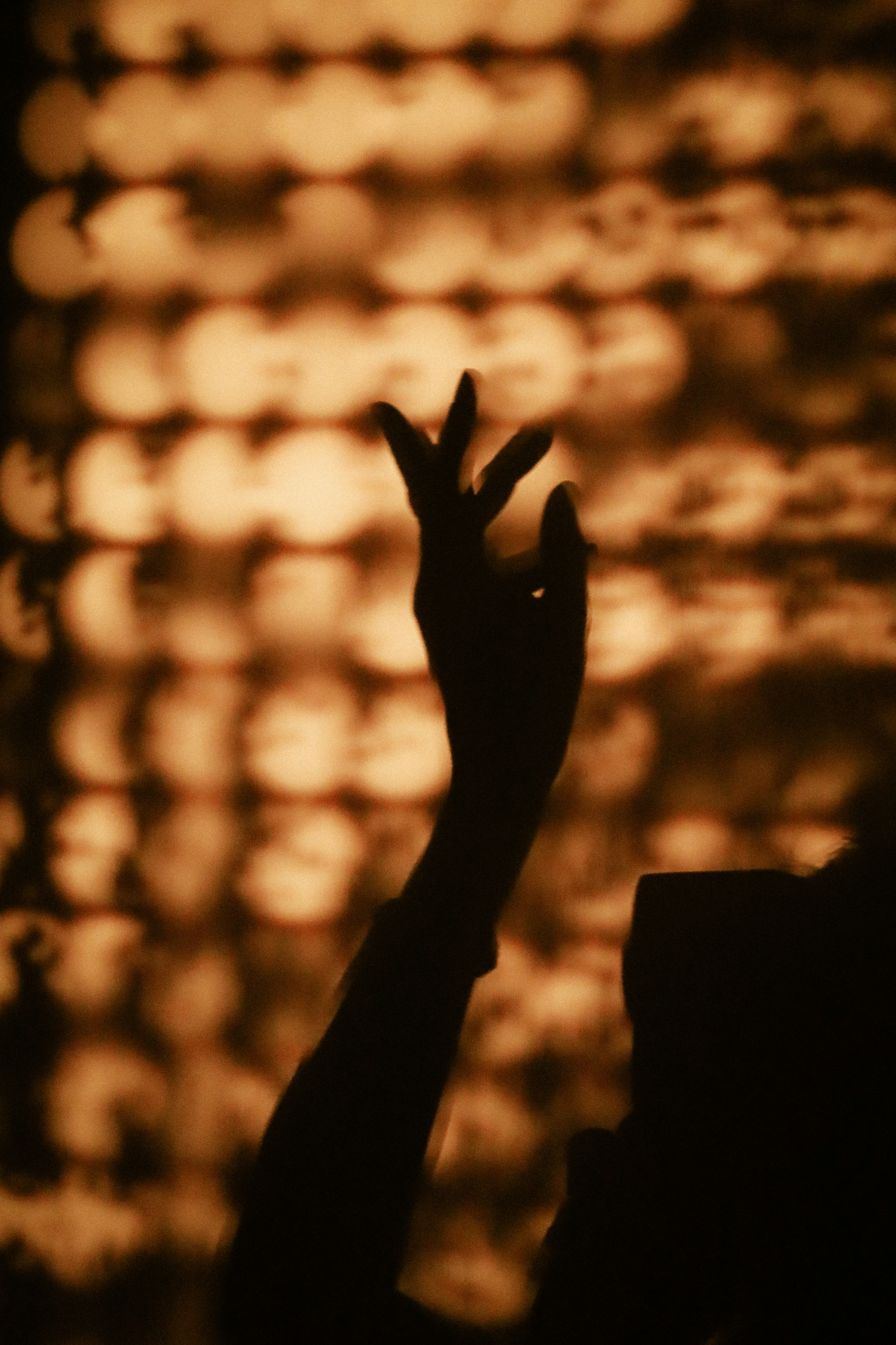 A hand in silhouette raised against a background of warm golden bokeh lights