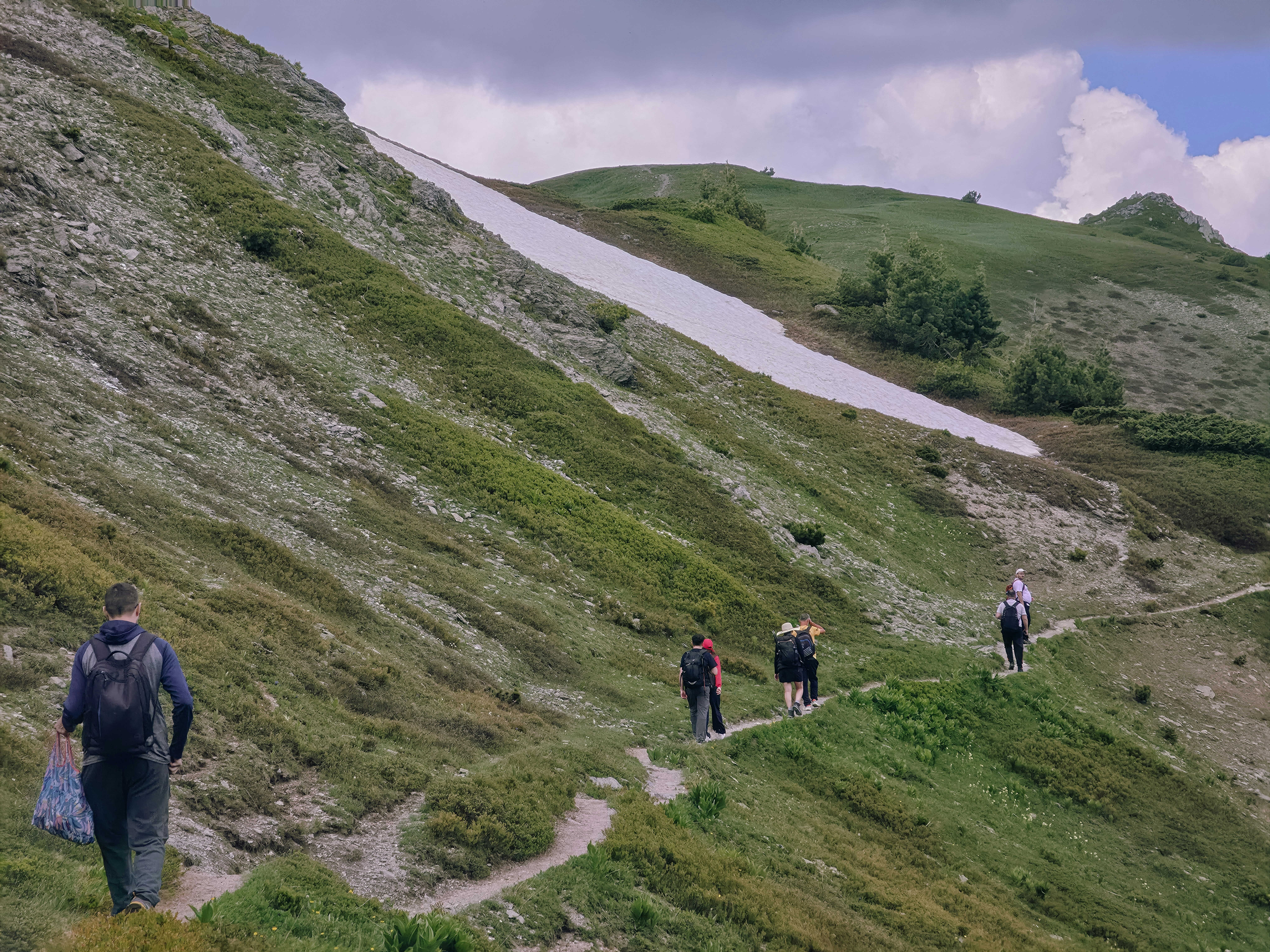 Un grupo de personas caminando por un sendero estrecho a lo largo de una ladera montañosa cubierta de hierba.