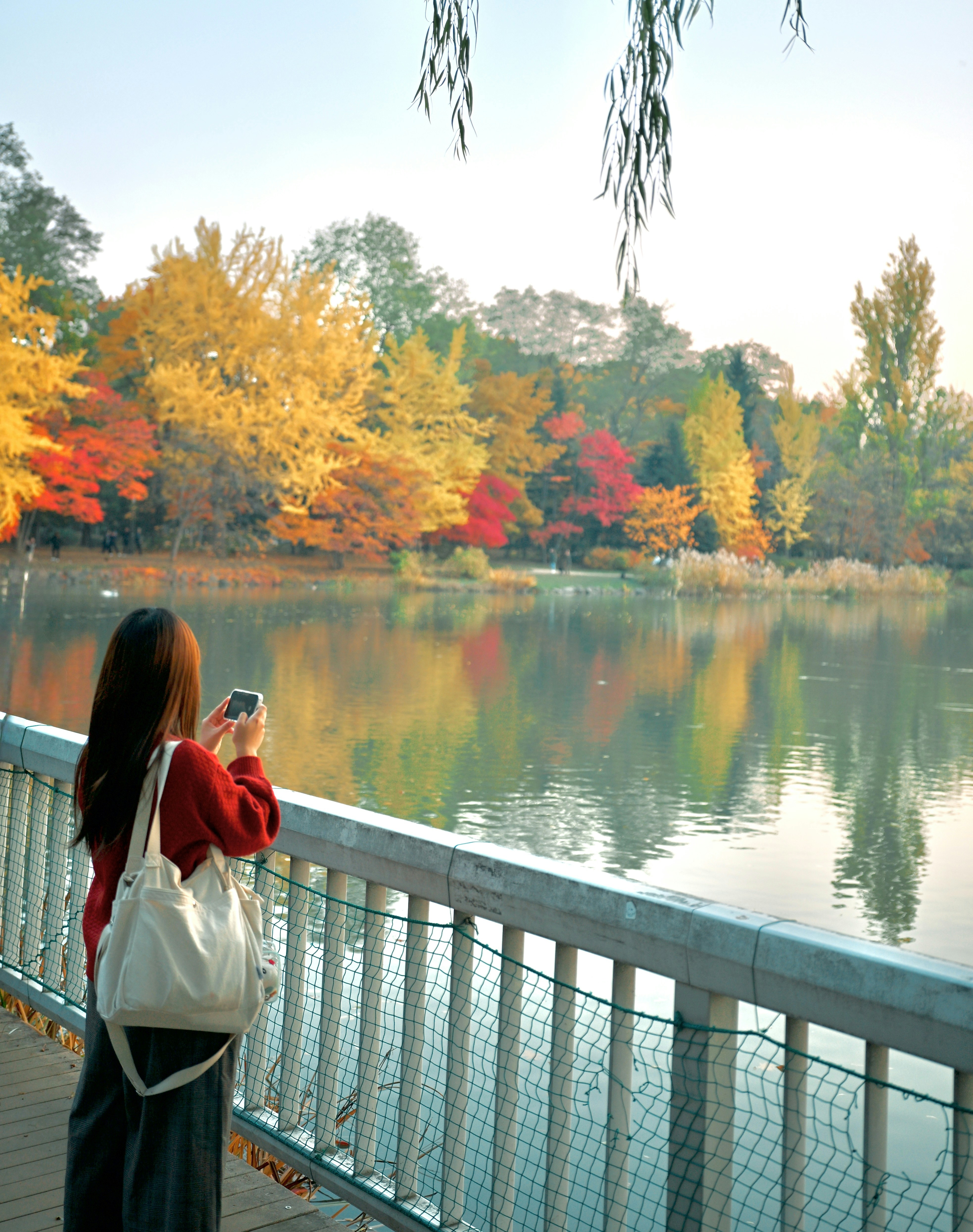 A woman in a red sweater photographing autumn trees across a lake from a bridge.