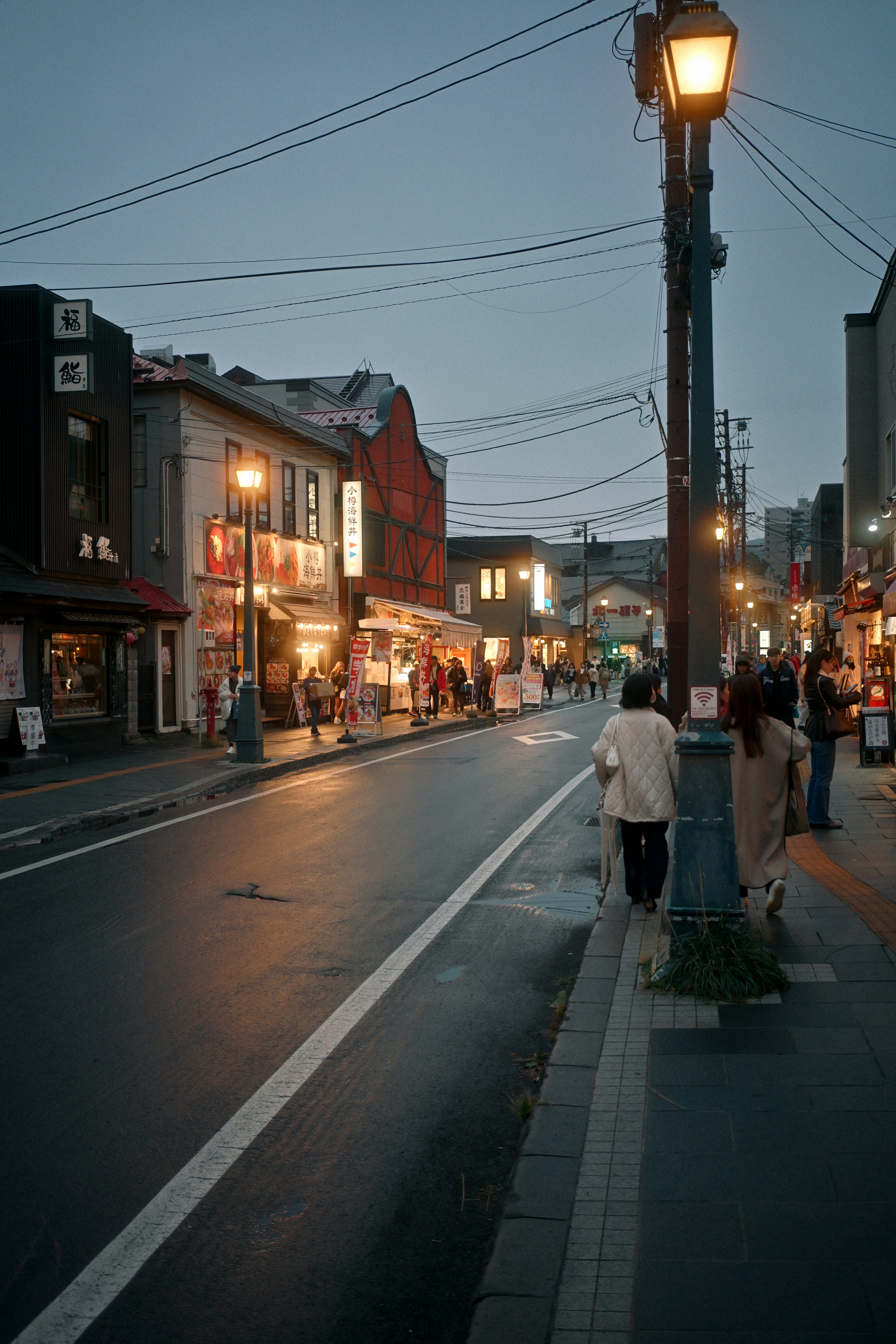 People walking along a street lined with shops and glowing lanterns in Otaru.