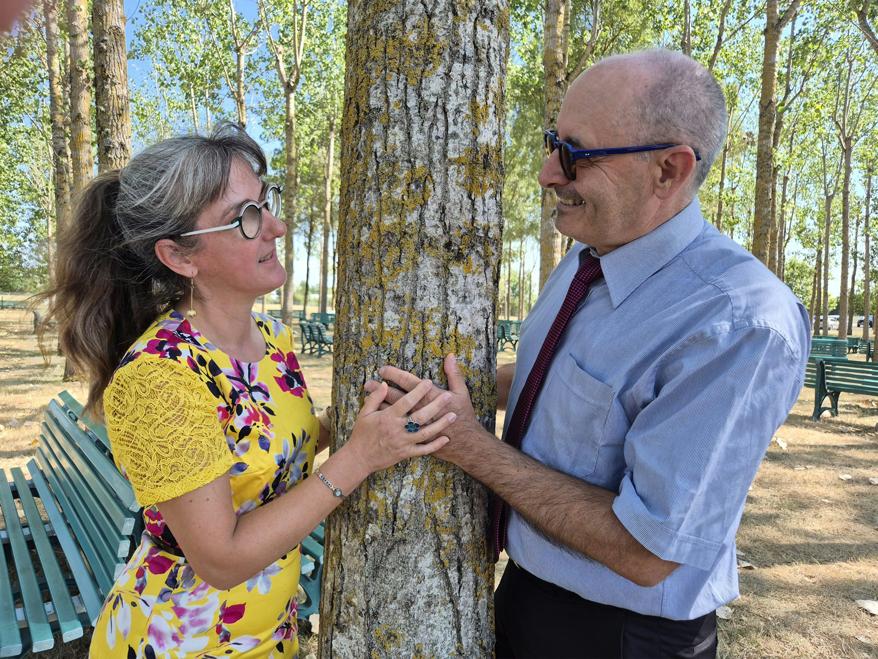 A woman and man touching hands on a tree trunk in a park
