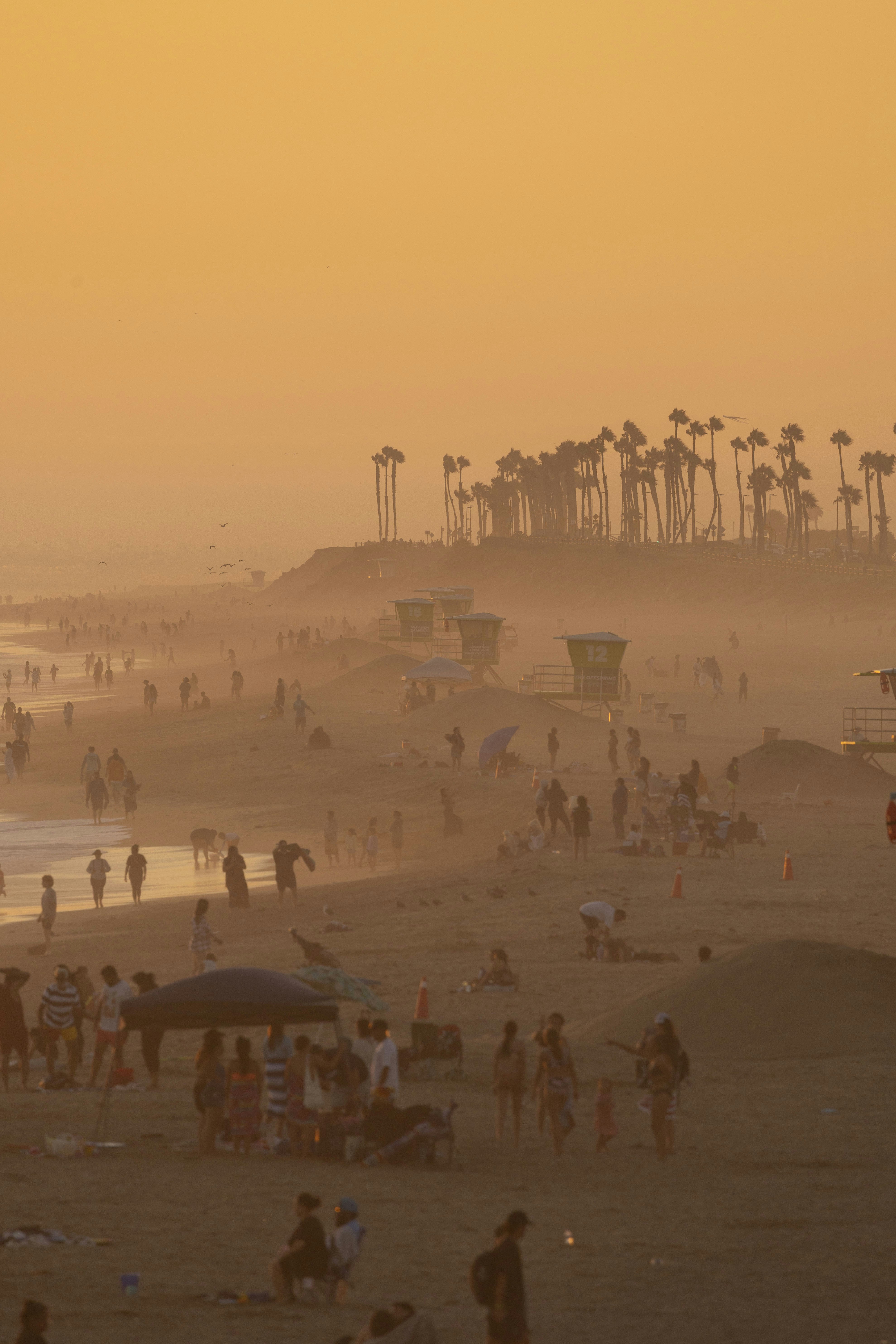 A crowded beach with palm trees under a warm orange hazy sky.