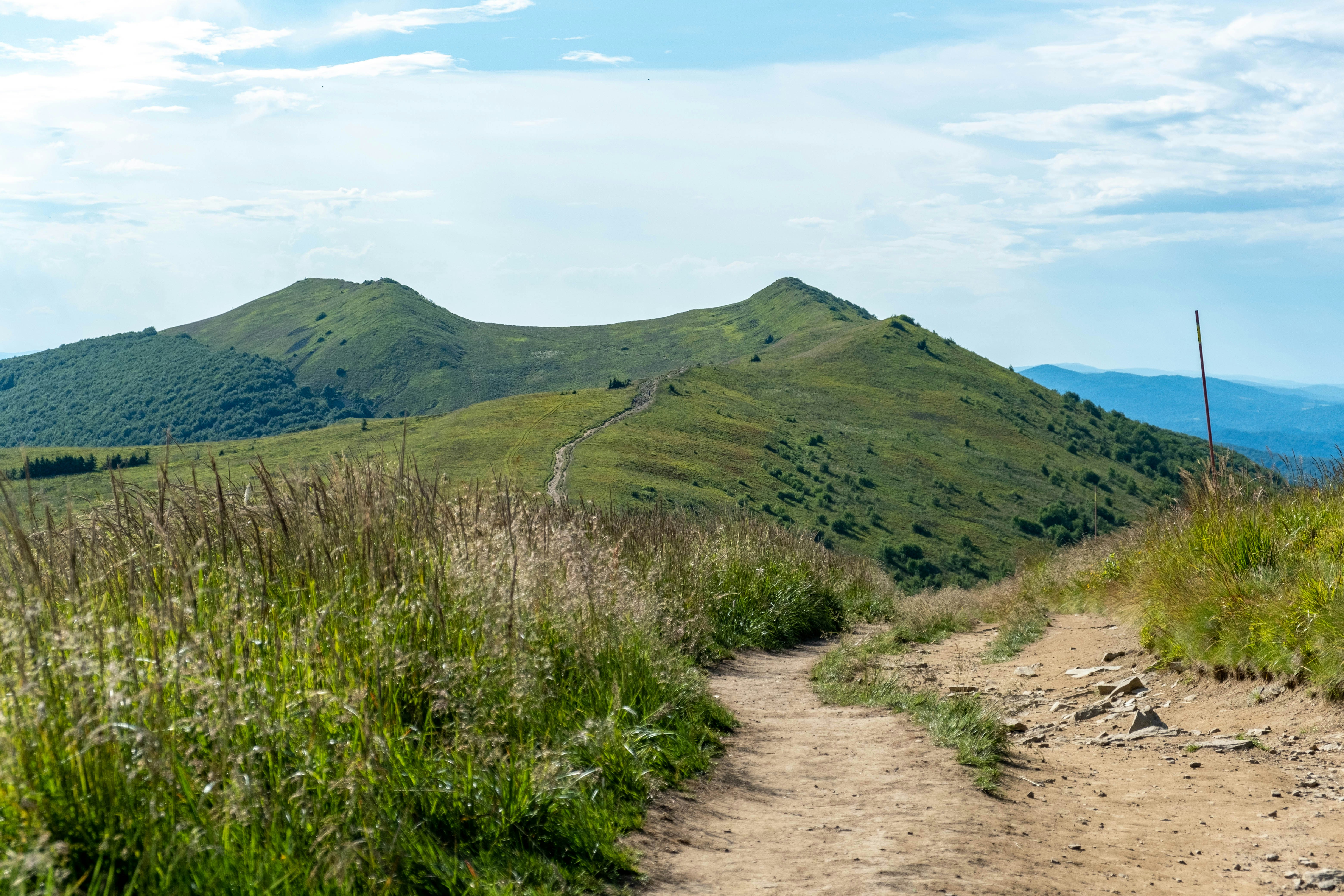 A dirt hiking trail leading toward green mountain ridges under a blue sky