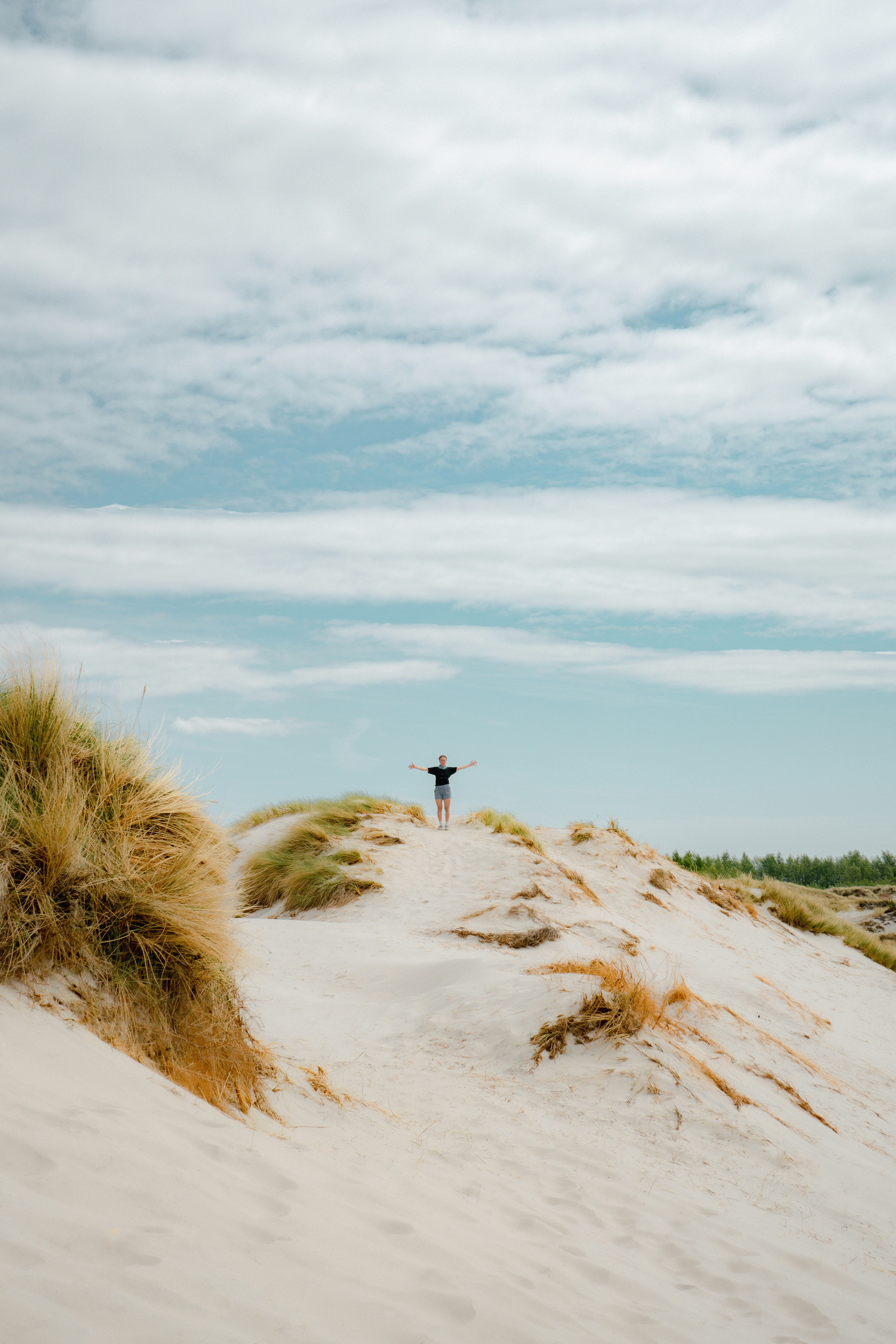A person with arms outstretched on a sandy dune covered in tall grass.