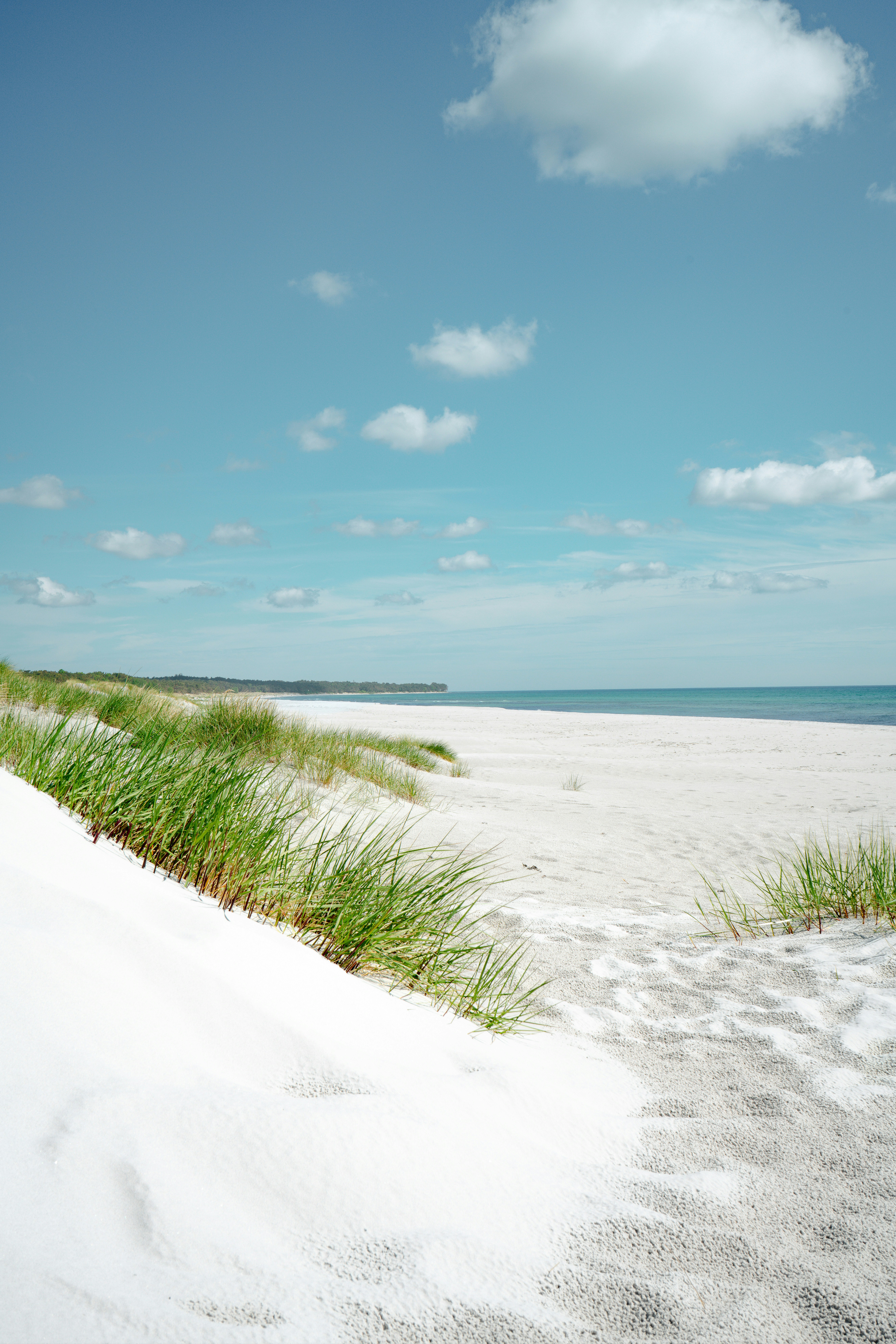 White sand dunes with green beach grass under a blue sky with clouds.