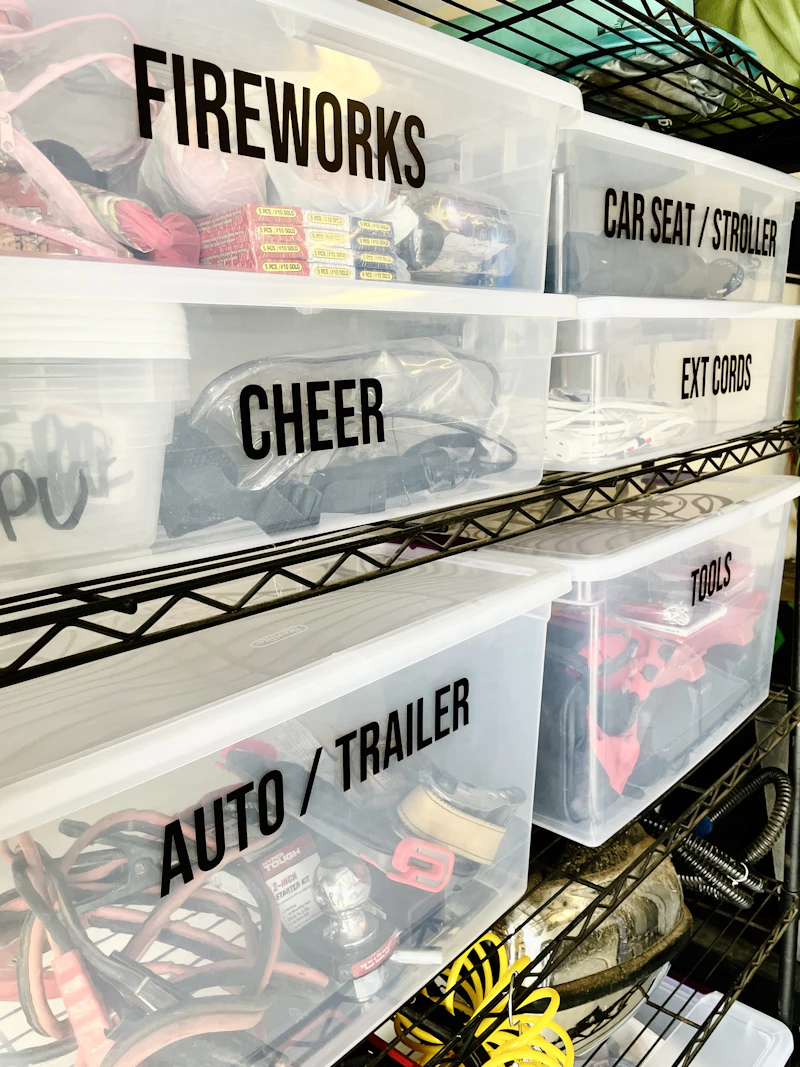 Clear labeled bins on wire shelving