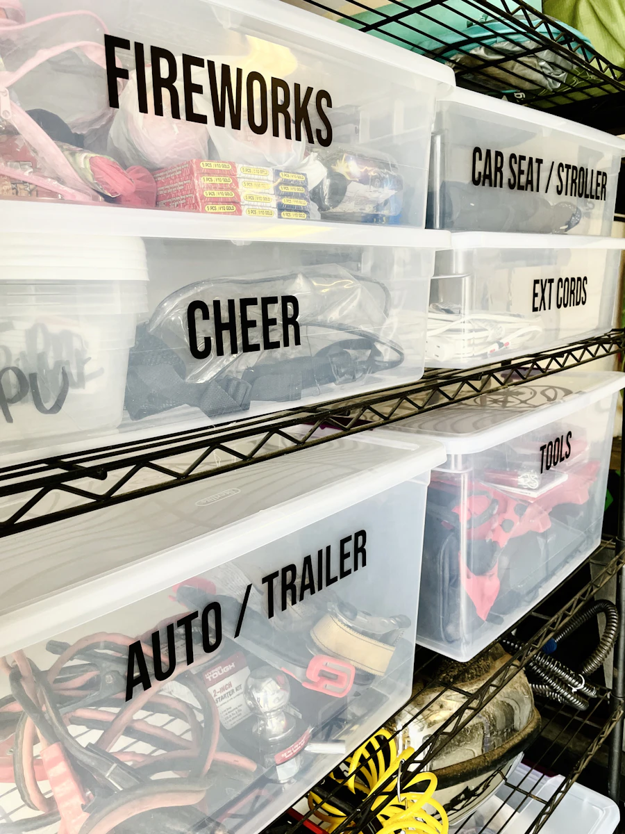 Clear labeled bins on wire shelving