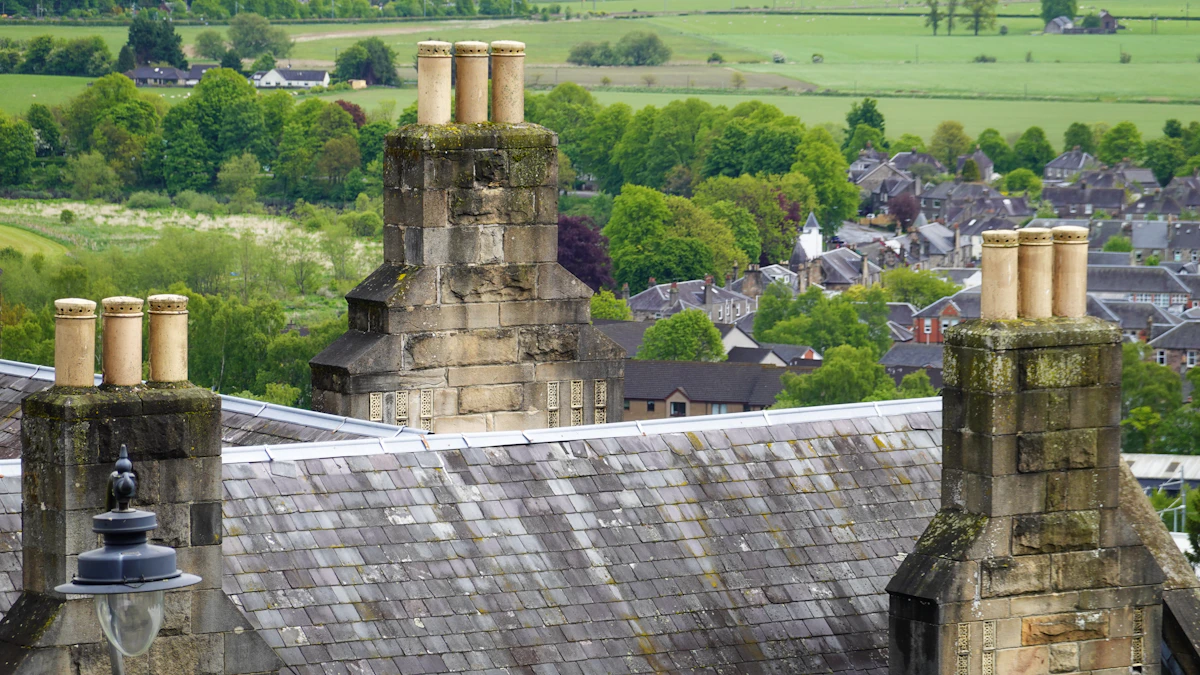 Traditional British slate roof and stone chimneys in Stirling