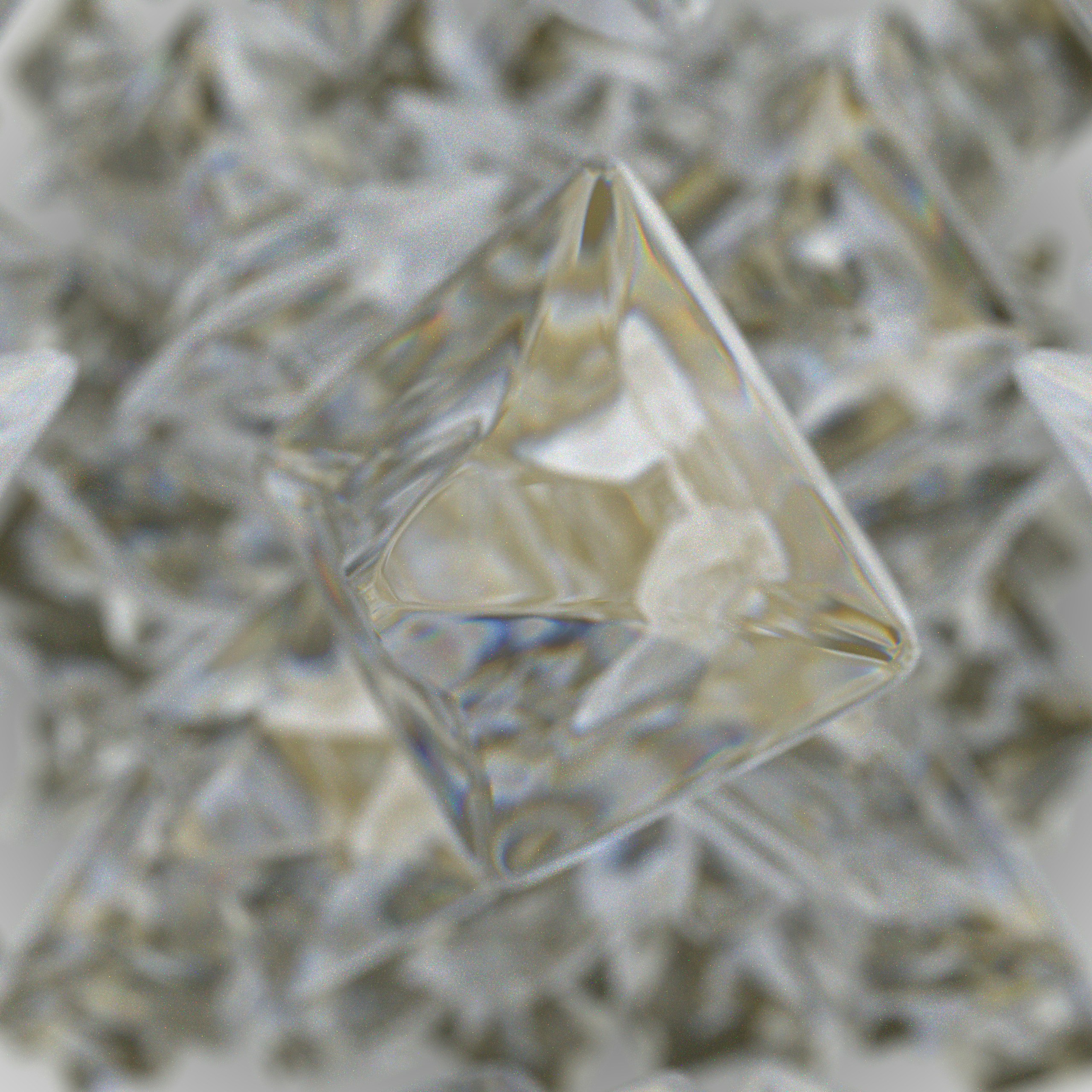 A clear glass pyramid shape centered over a blurred background of glass shards.