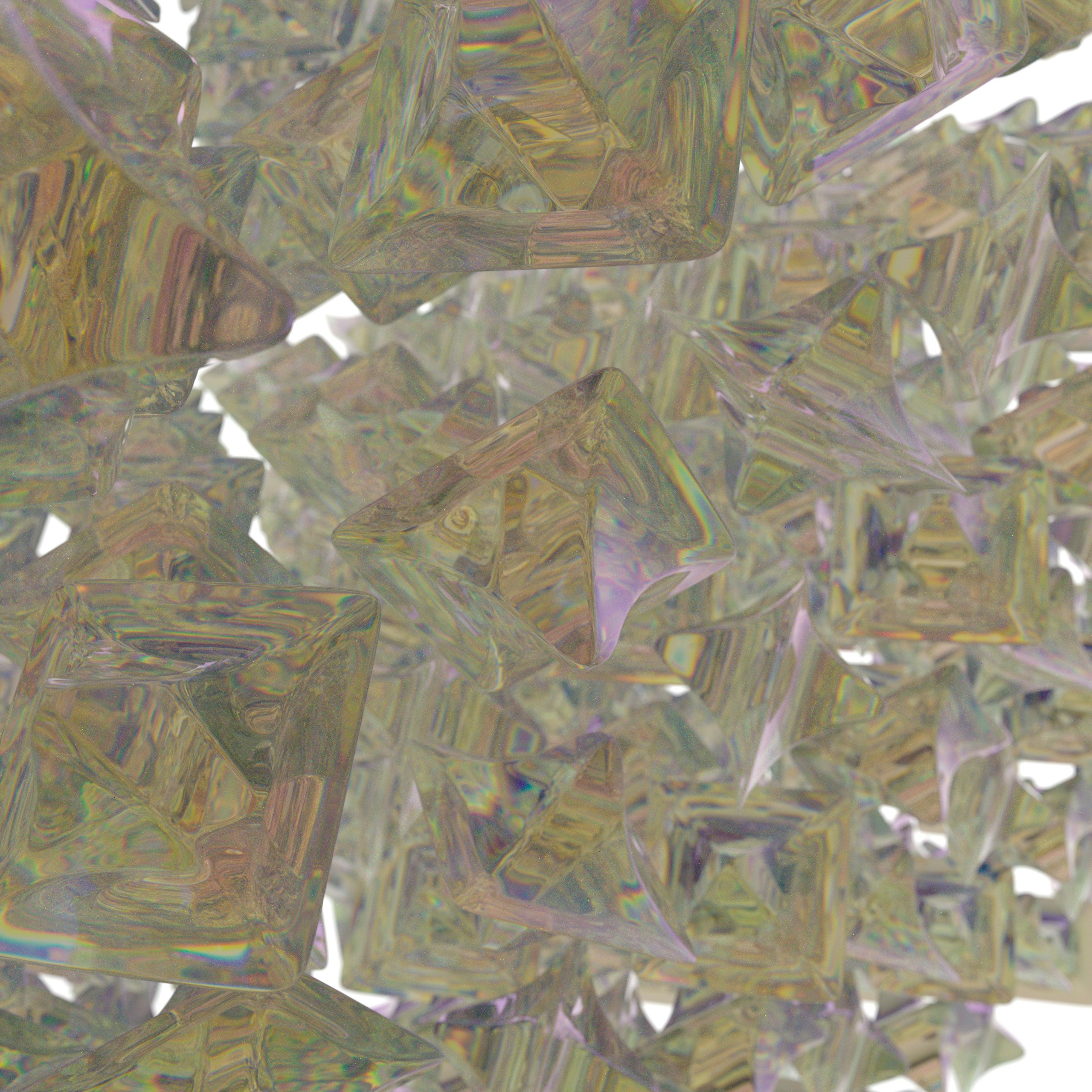 A cluster of translucent geometric crystals with iridescent light refractions.
