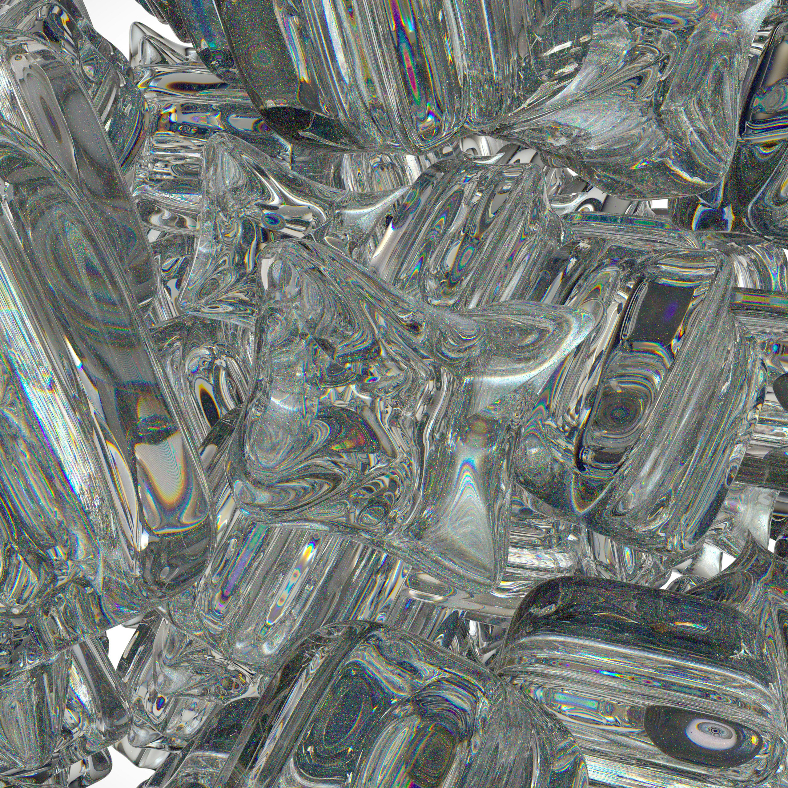 A cluster of translucent glass shapes with iridescent light refractions.