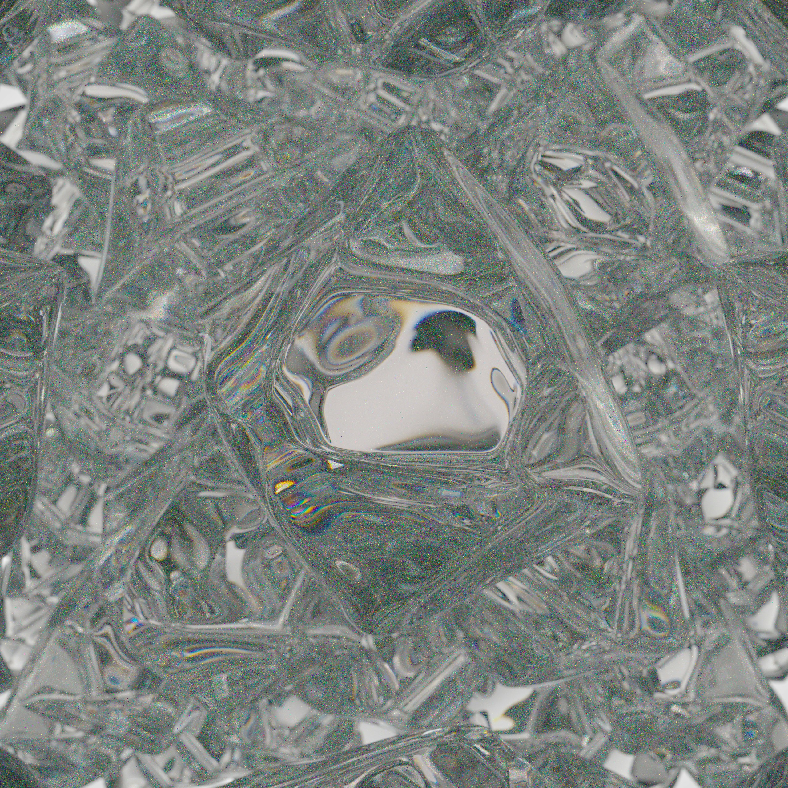 A cluster of clear glass geometric shapes with light refracting through the edges.
