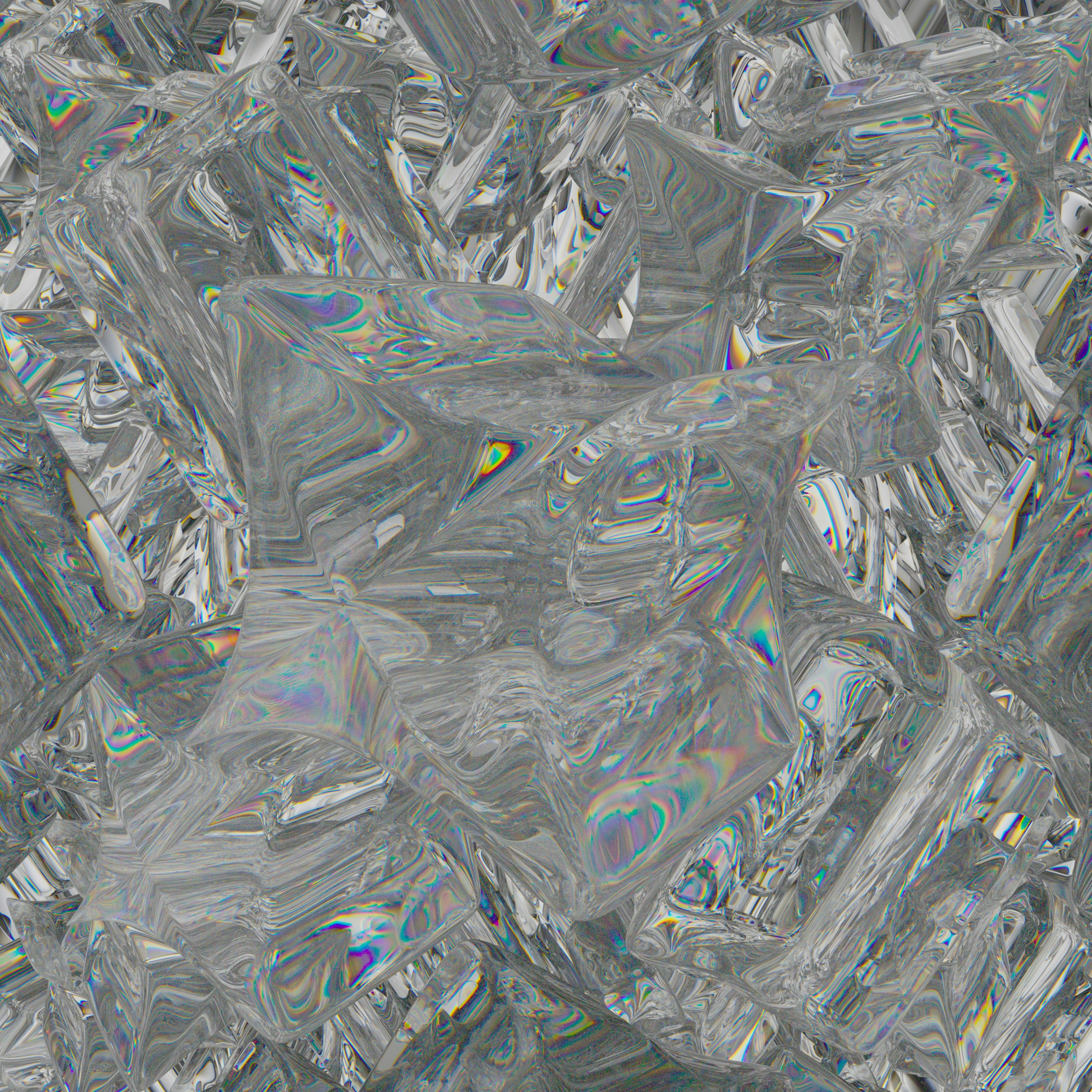 A cluster of clear glass cubes with iridescent light refractions.