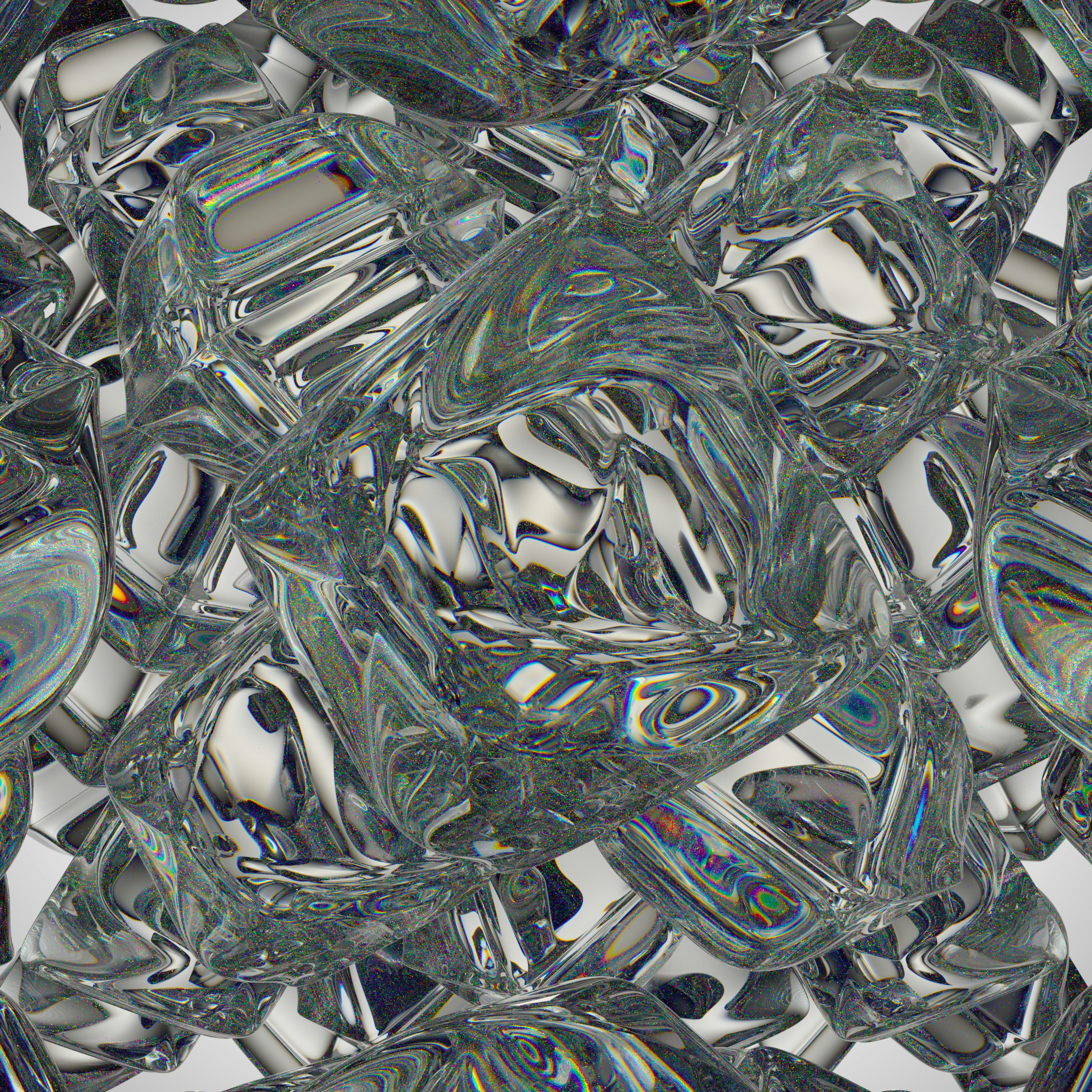 A cluster of transparent glass cubes with iridescent light refractions.
