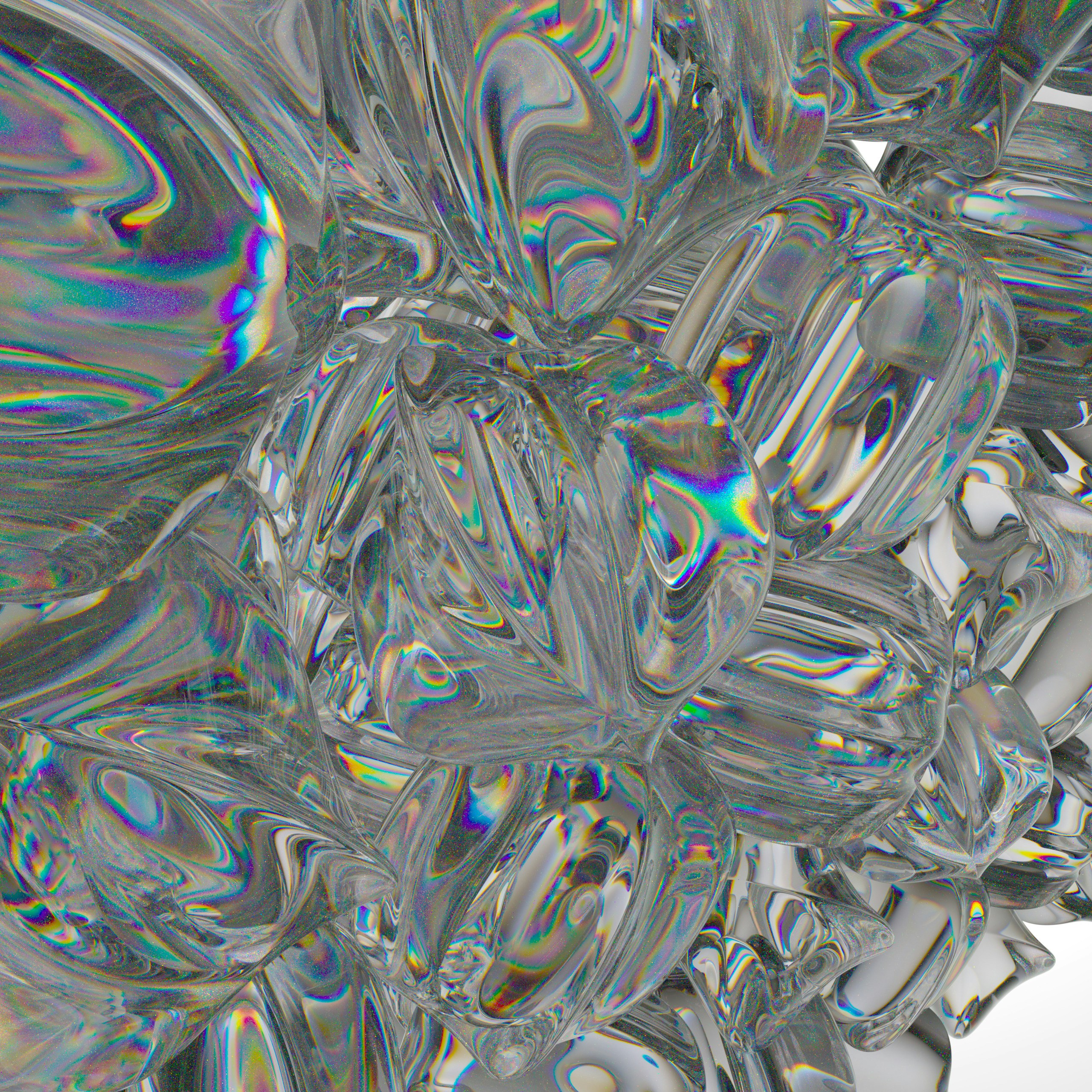Abstract cluster of clear glass spheres with iridescent light refractions.