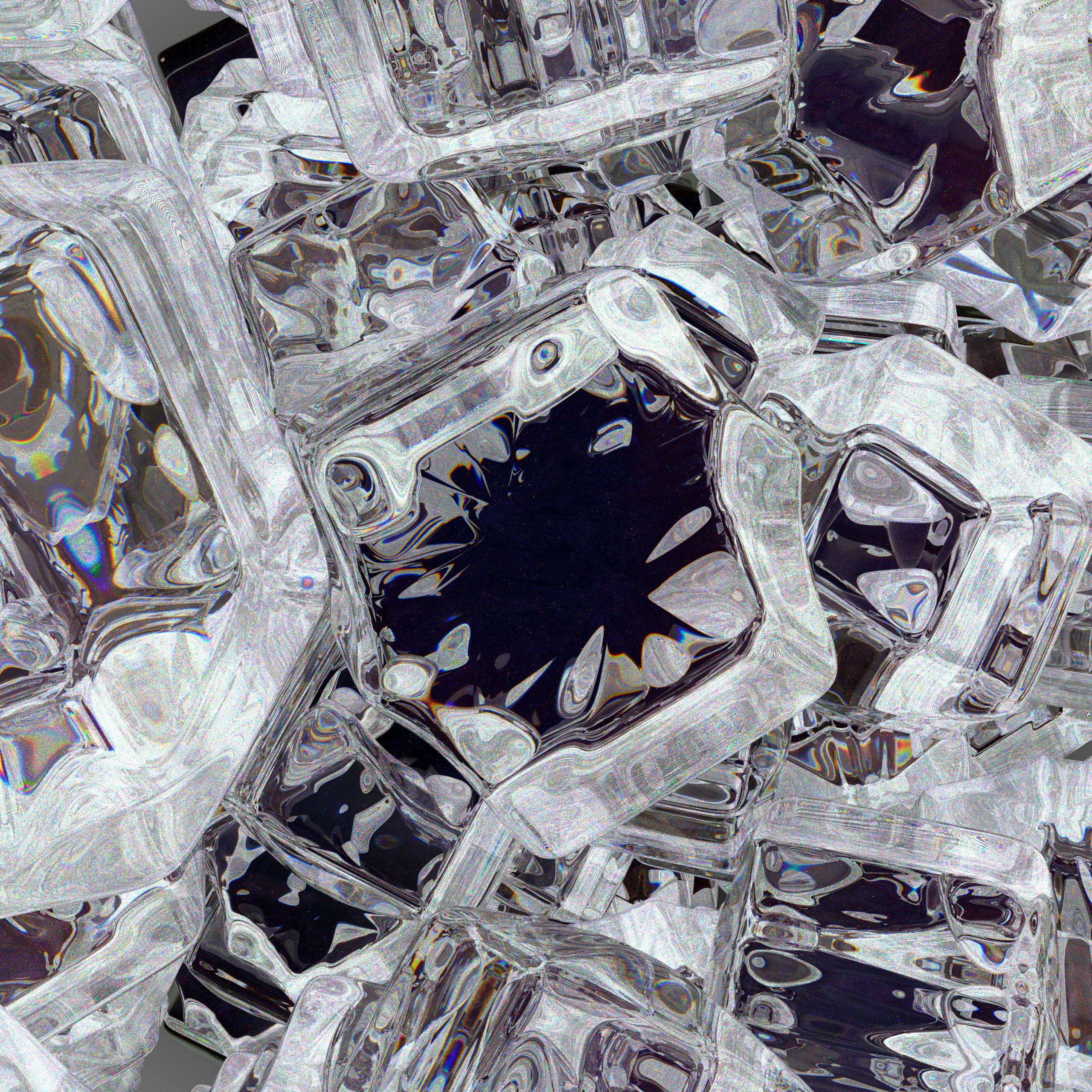 A pile of clear, melting ice cubes with distorted light reflections.