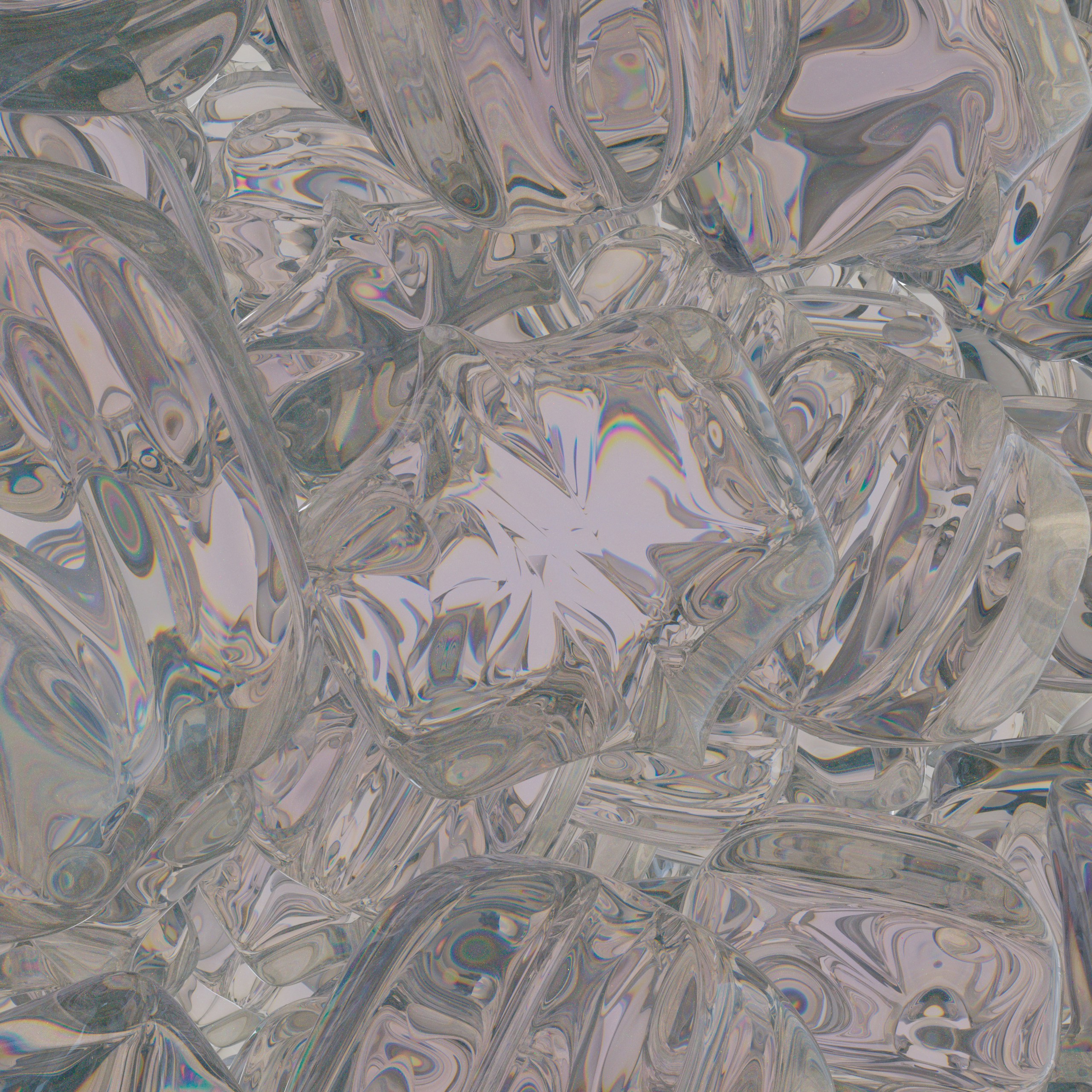 A cluster of clear glass or ice shapes with iridescent light refractions.