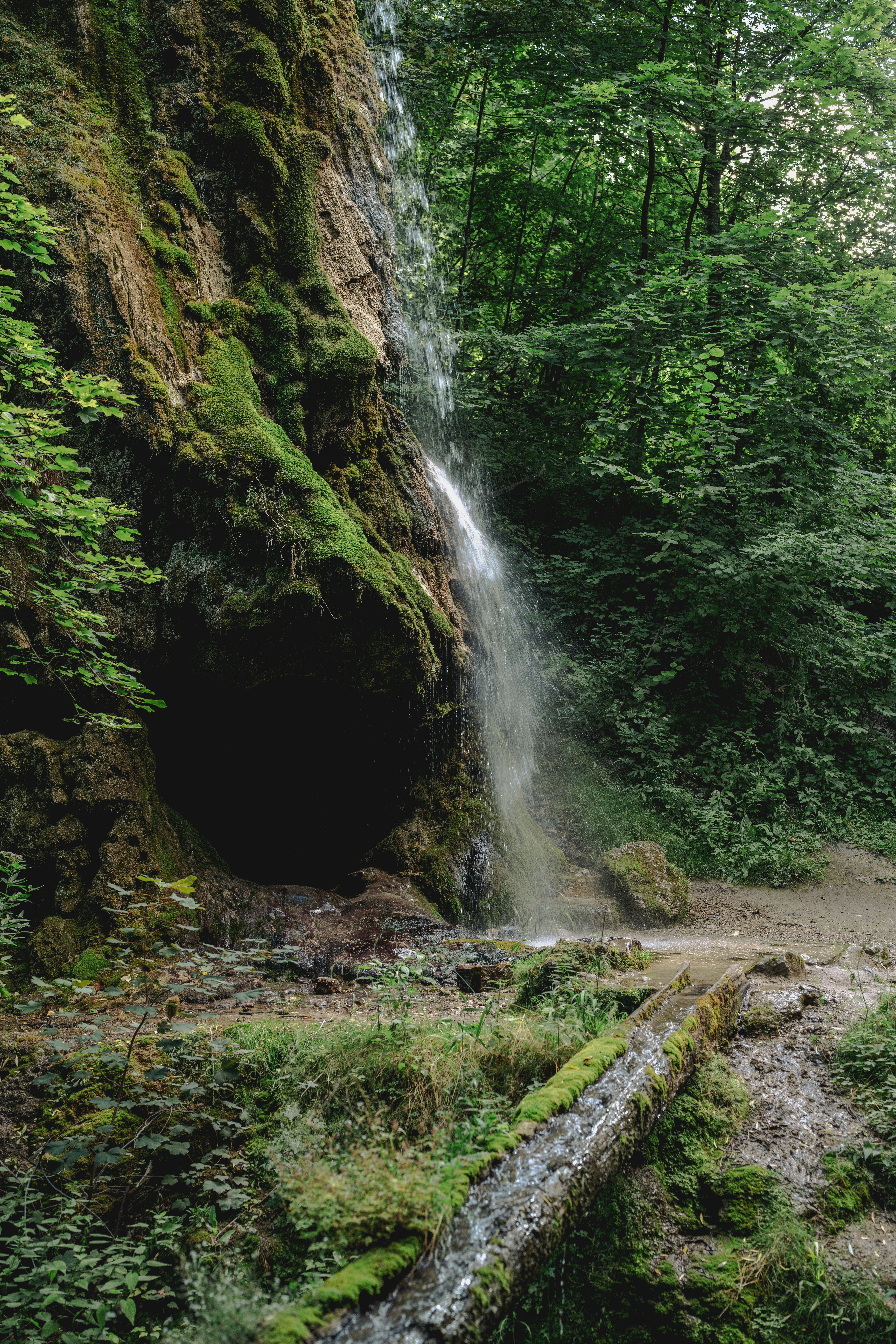 A waterfall cascading over a mossy rock face into a wooden trough.