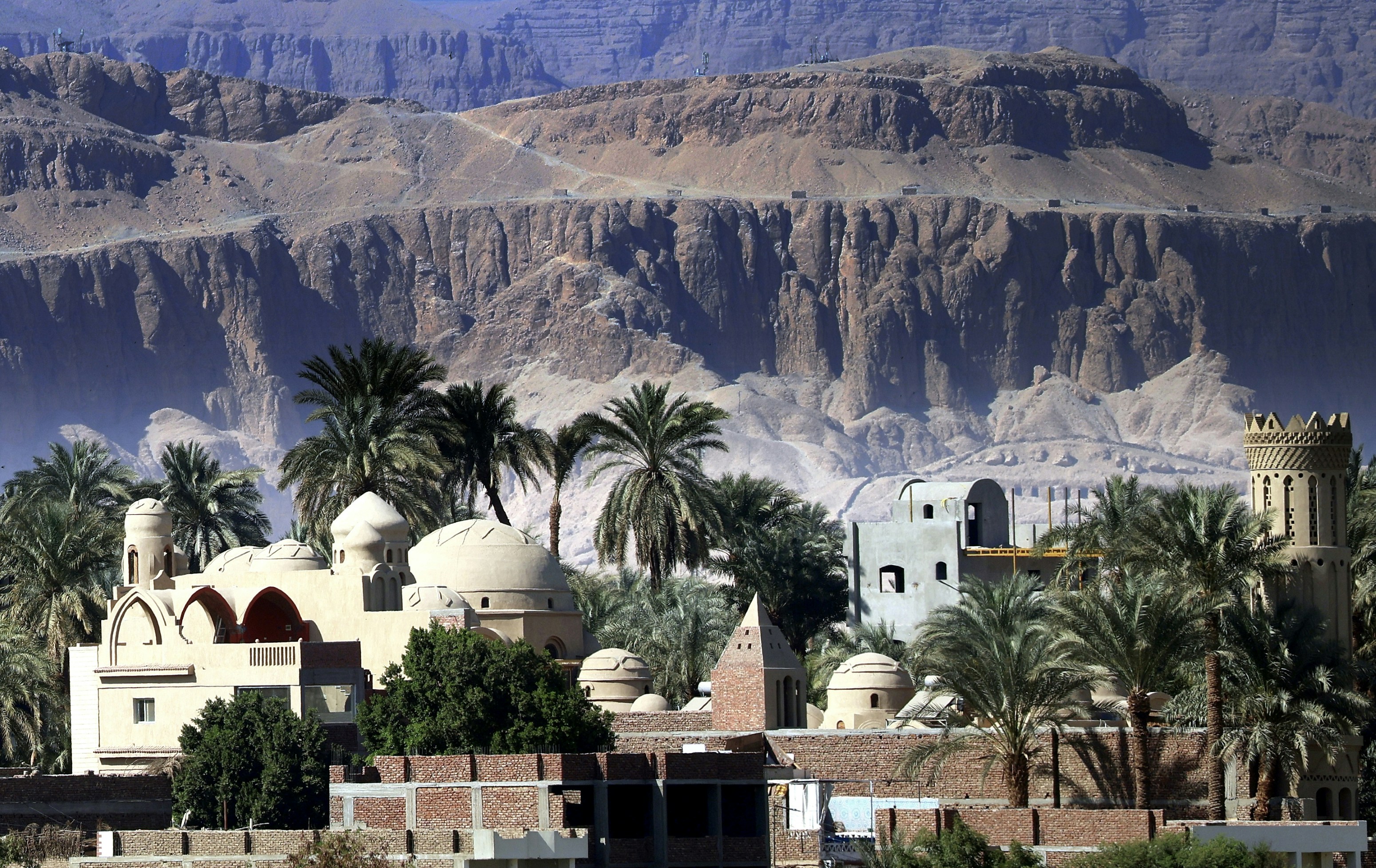 Buildings with domes and palm trees beneath a large rocky mountain cliff.