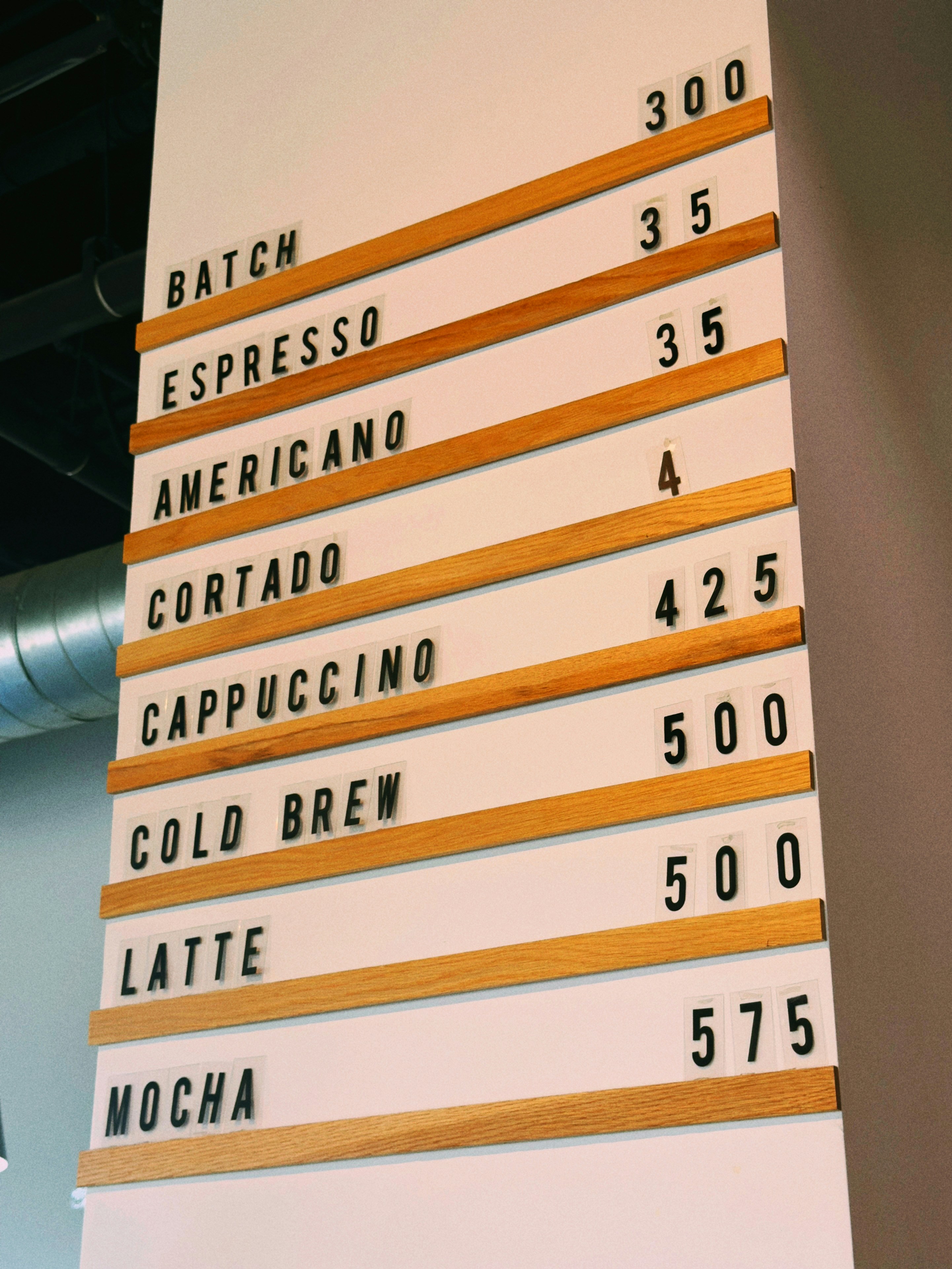 A coffee shop menu board with wooden rails and black plastic letters
