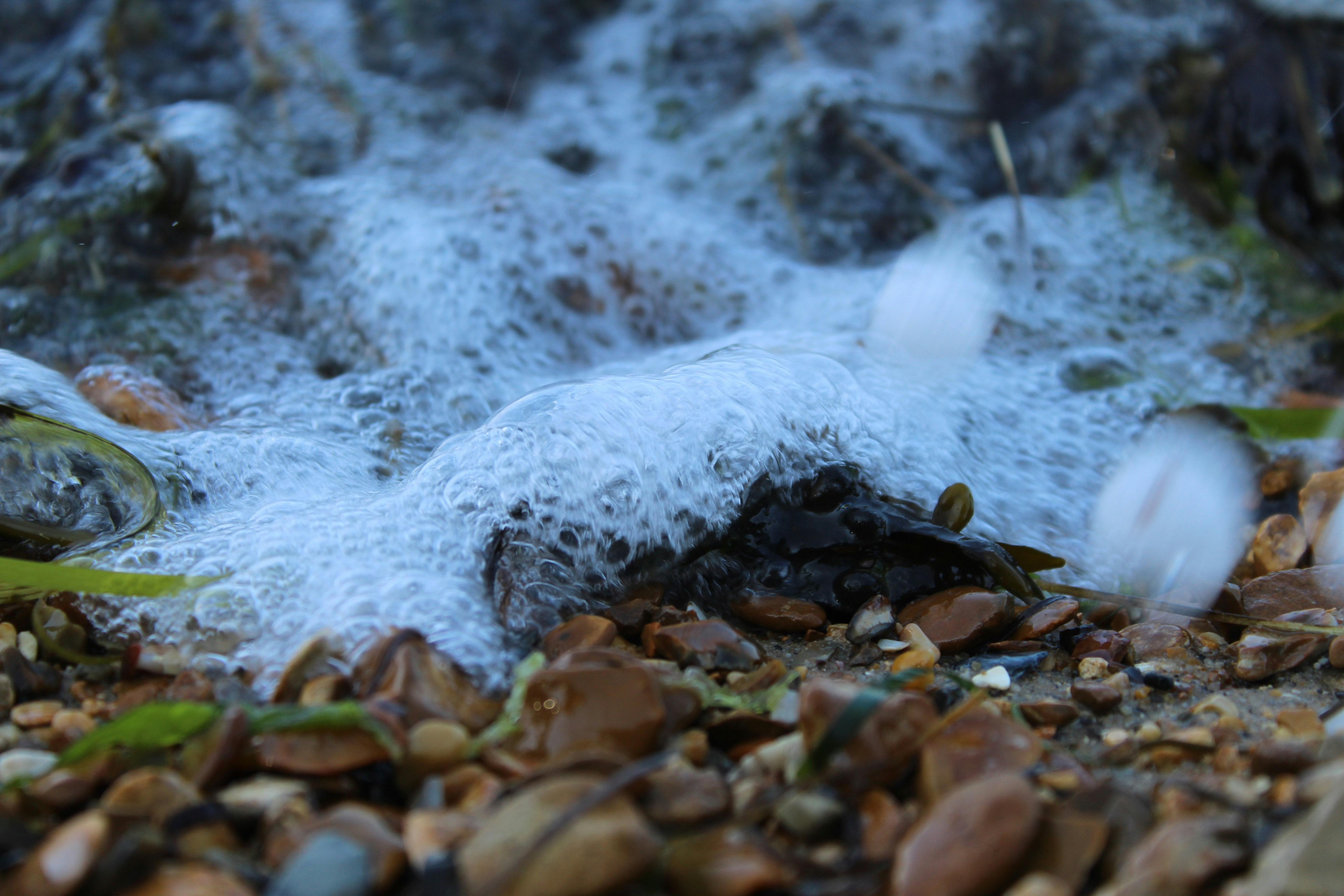 White sea foam washing over smooth brown pebbles on a beach