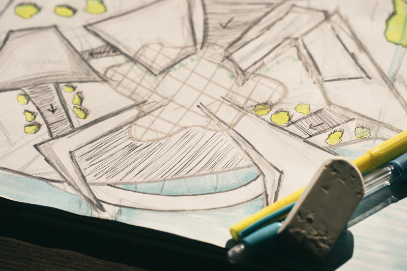 Architectural sketches on a drawing table