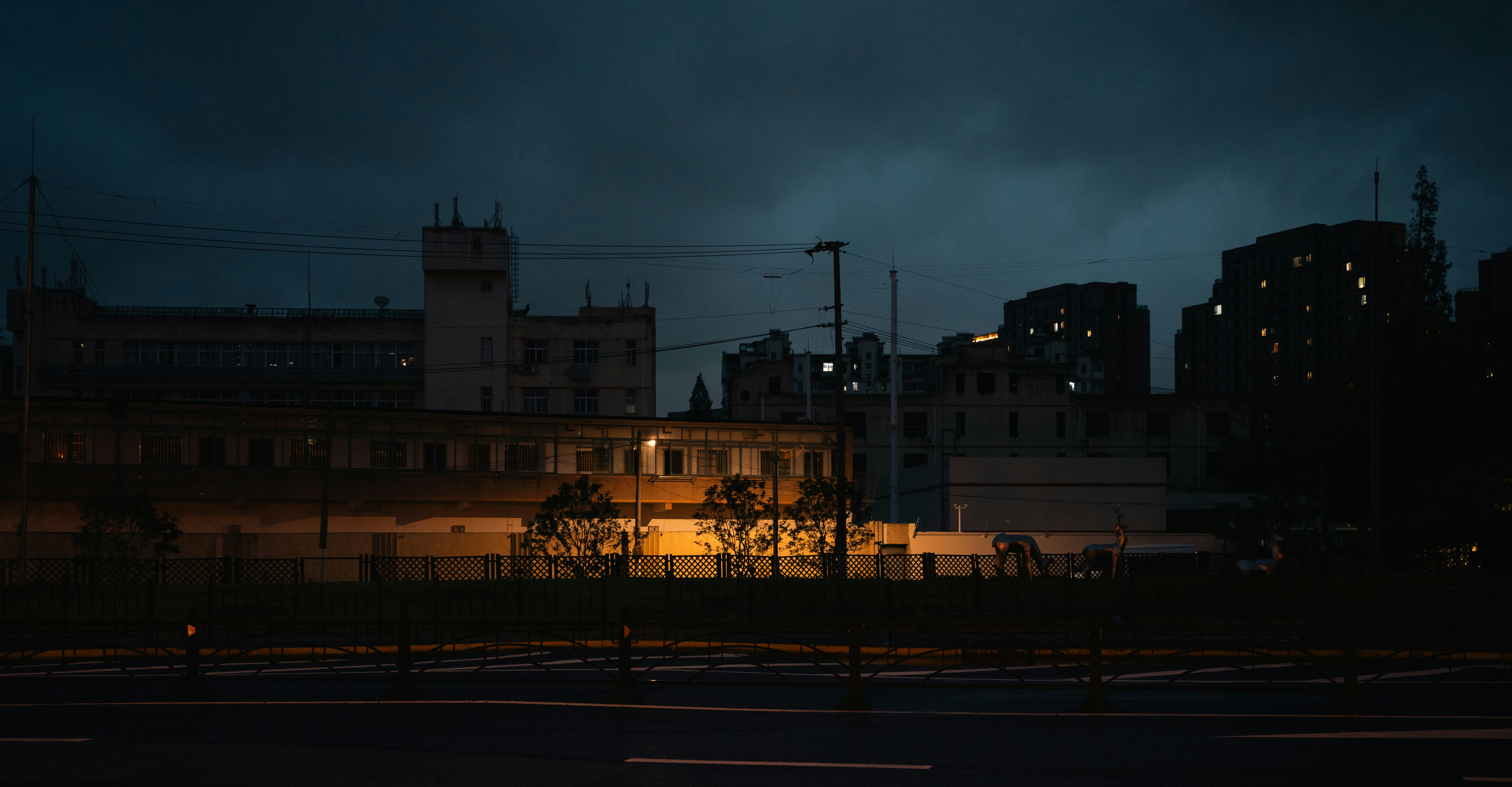 Buildings at night with warm yellow light illuminating trees along a dark street.