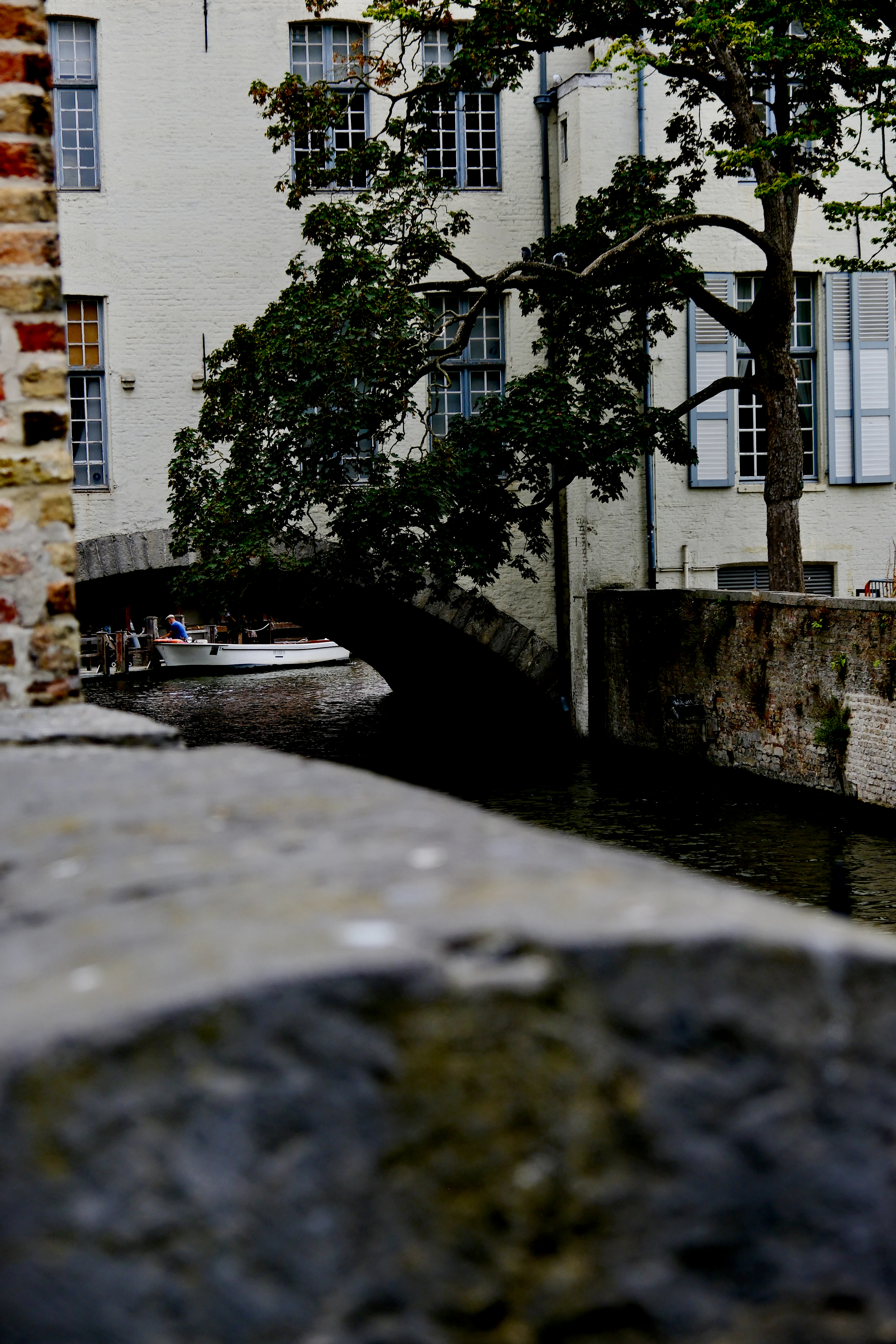 A small open boat gliding under a low stone bridge on a quiet canal in Bruges, framed by brick houses and an overhanging tree