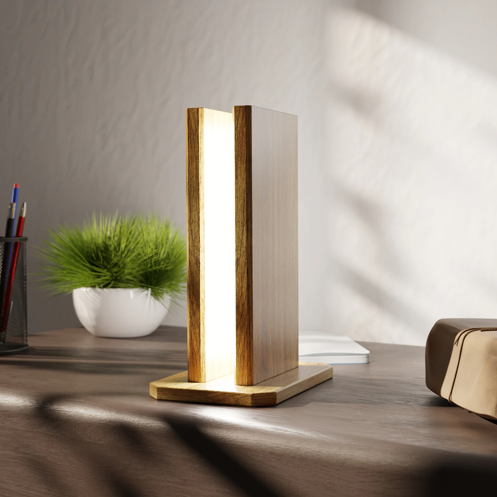 Hand-turned oak lamp and bowls on a workshop shelf