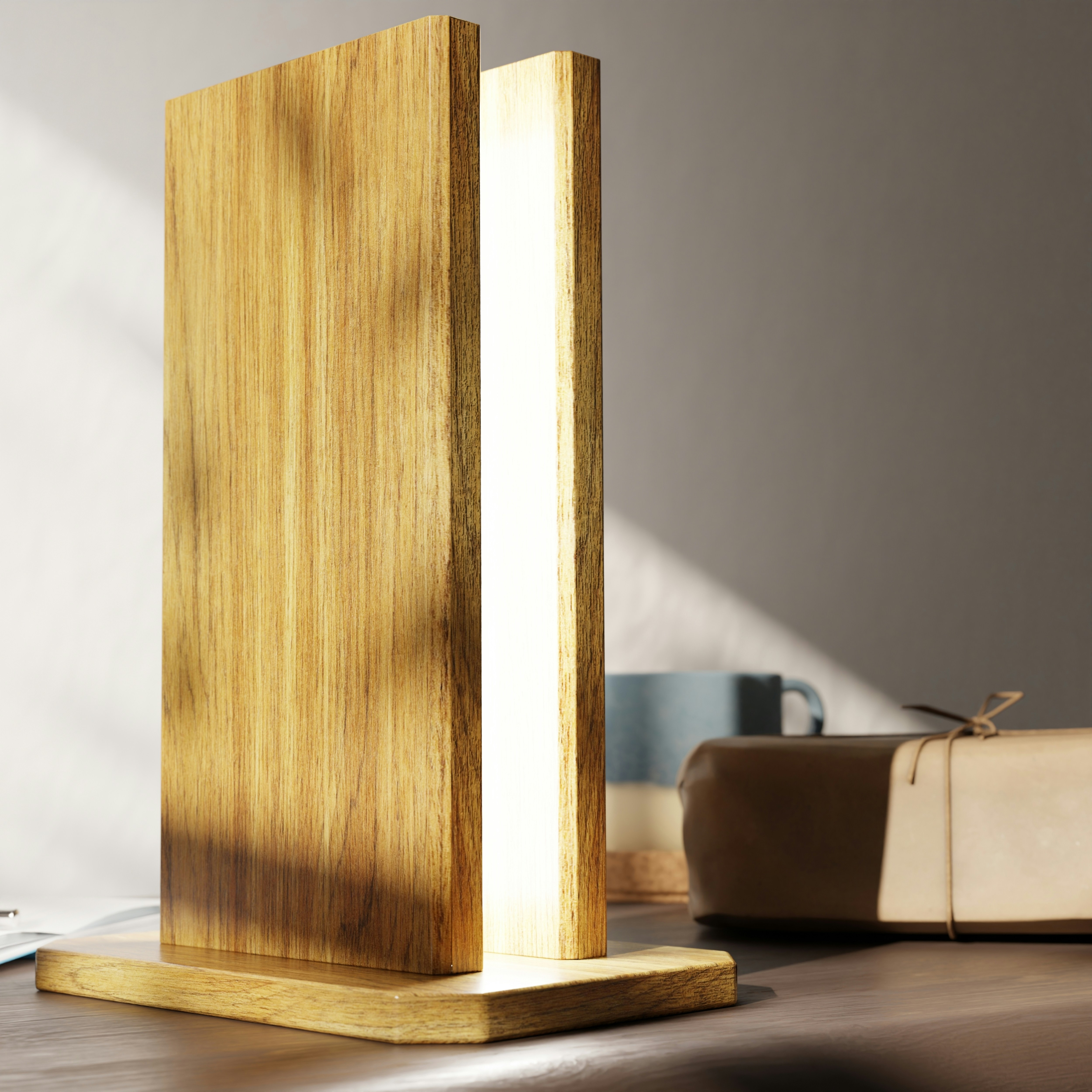 A modern wooden table lamp with a glowing light between two vertical panels