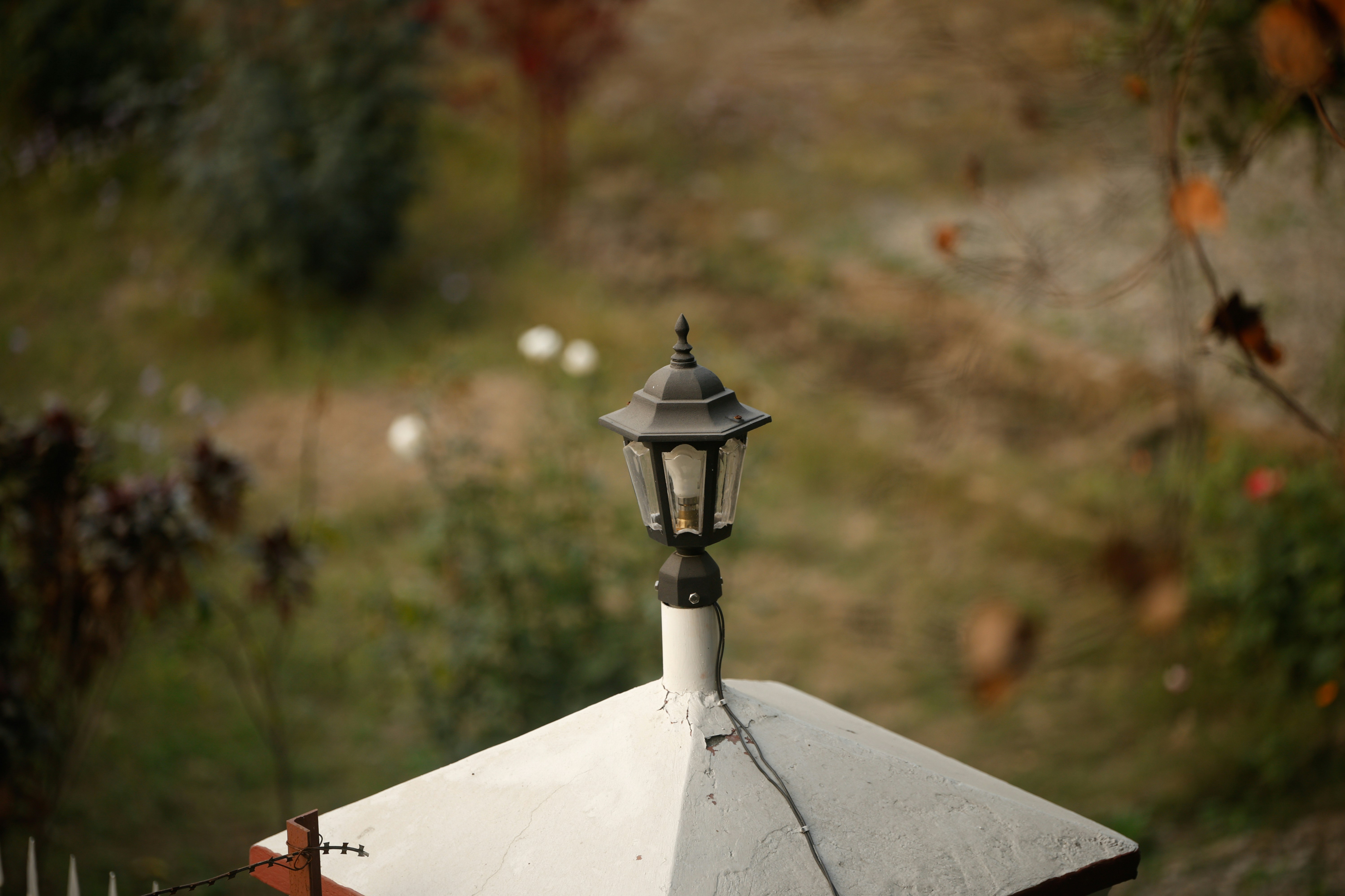 A black outdoor lantern on a white concrete pillar in a garden