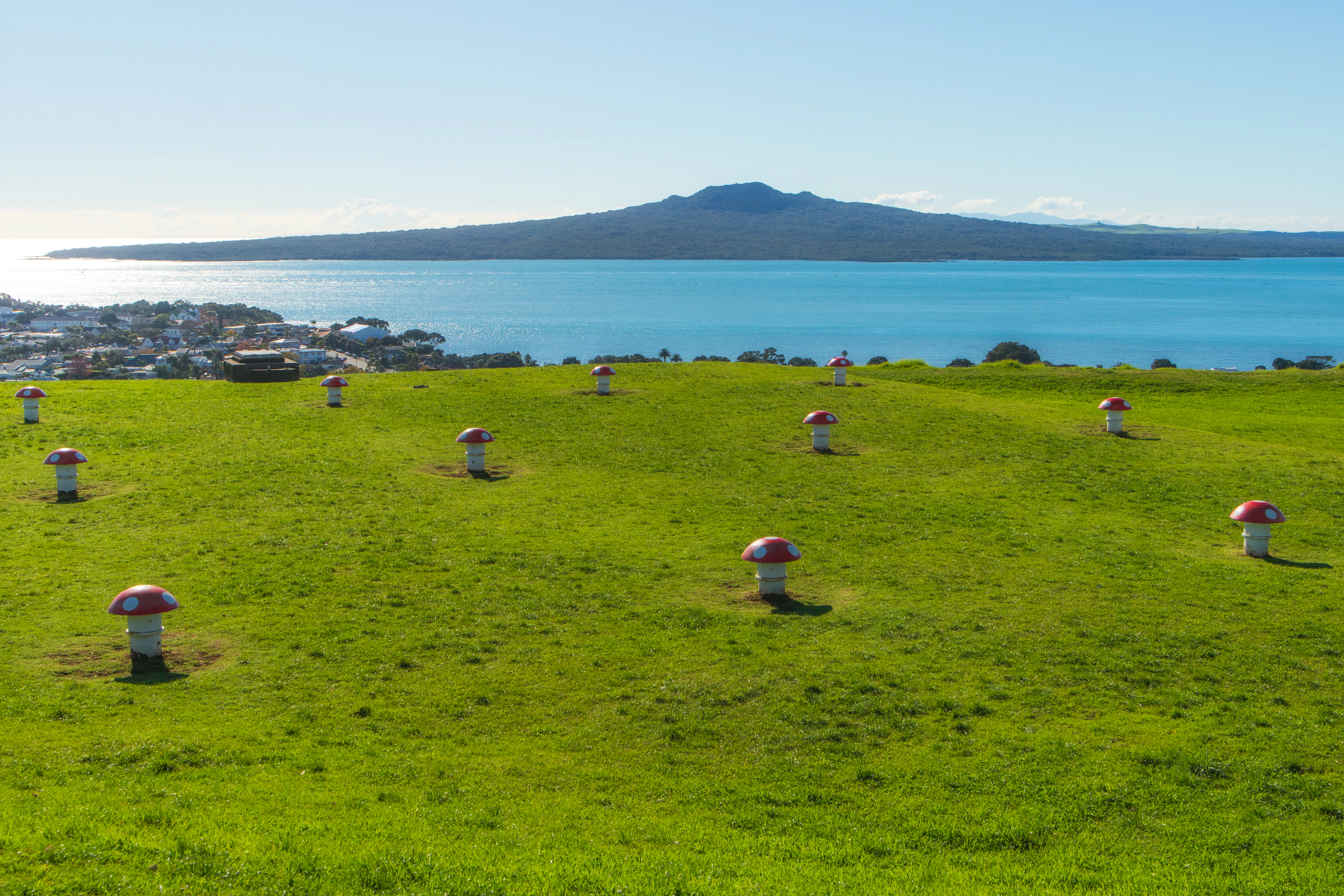 The low volcanic cone of Rangitoto Island across a glassy blue Waitematā Harbour, seen from an empty grassy Auckland headland scattered with the red-and-white mushroom vents of its old gun emplacements