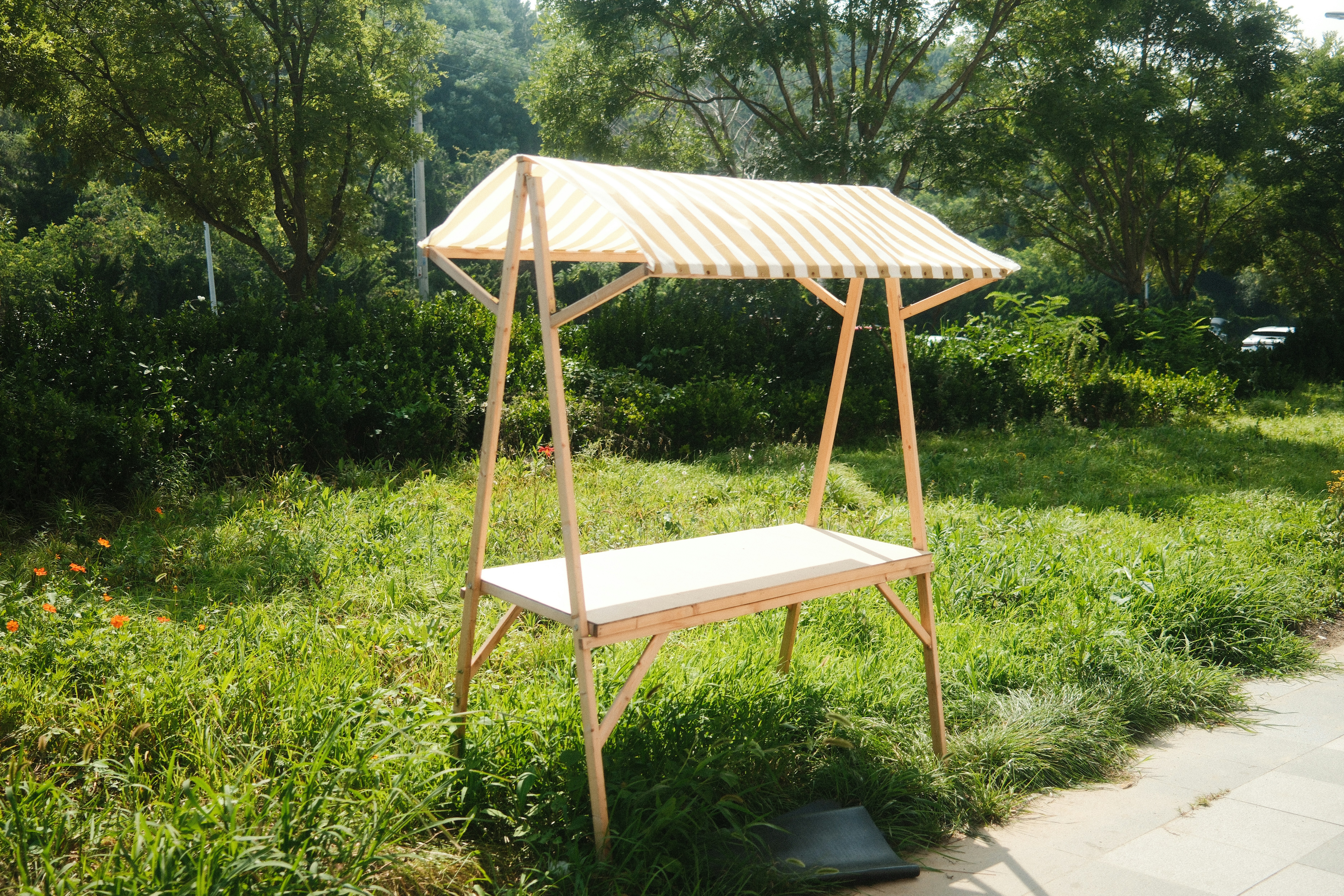 A wooden market stall with a striped canopy in a grassy park