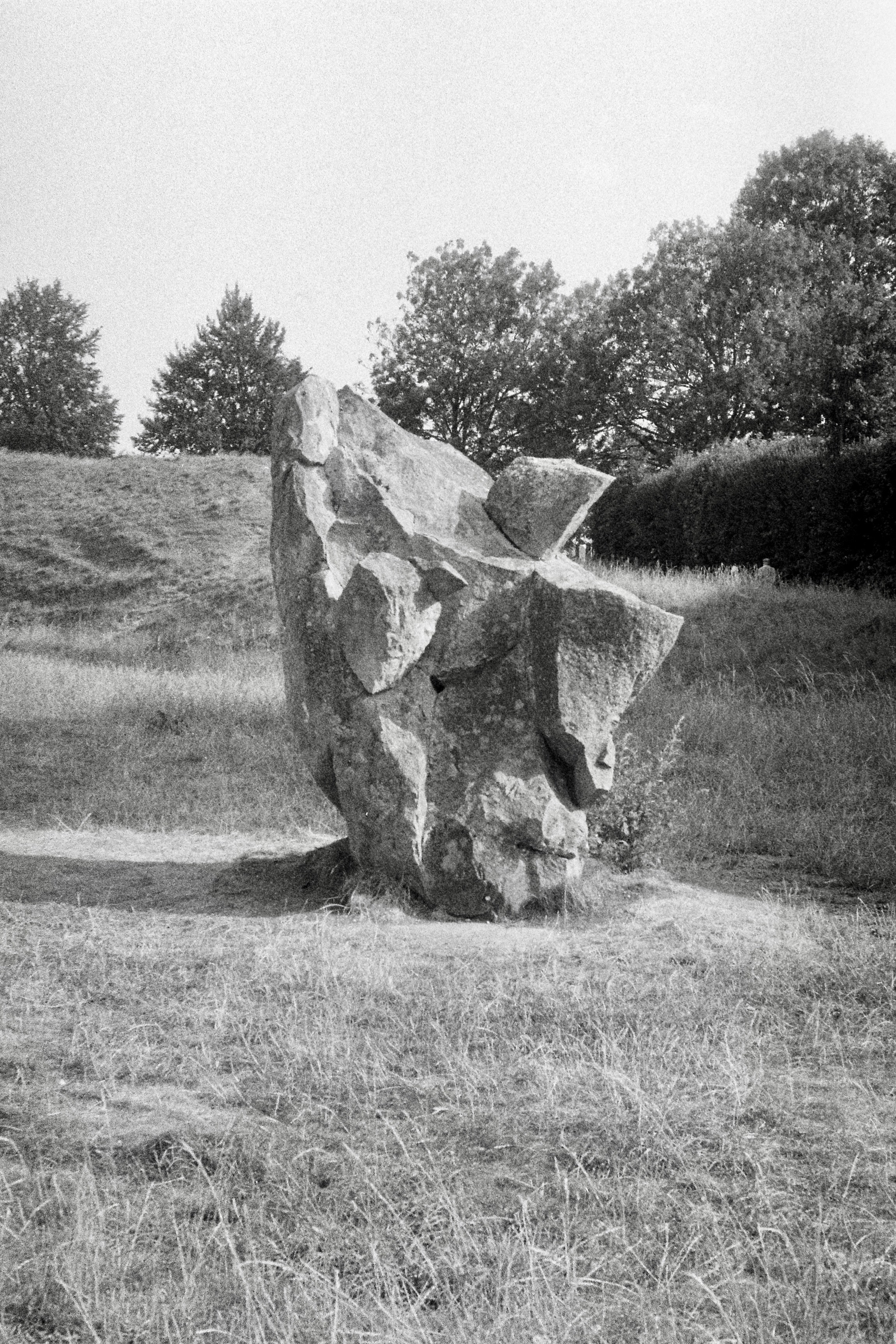 A large jagged stone monolith in a grassy field with trees in the background