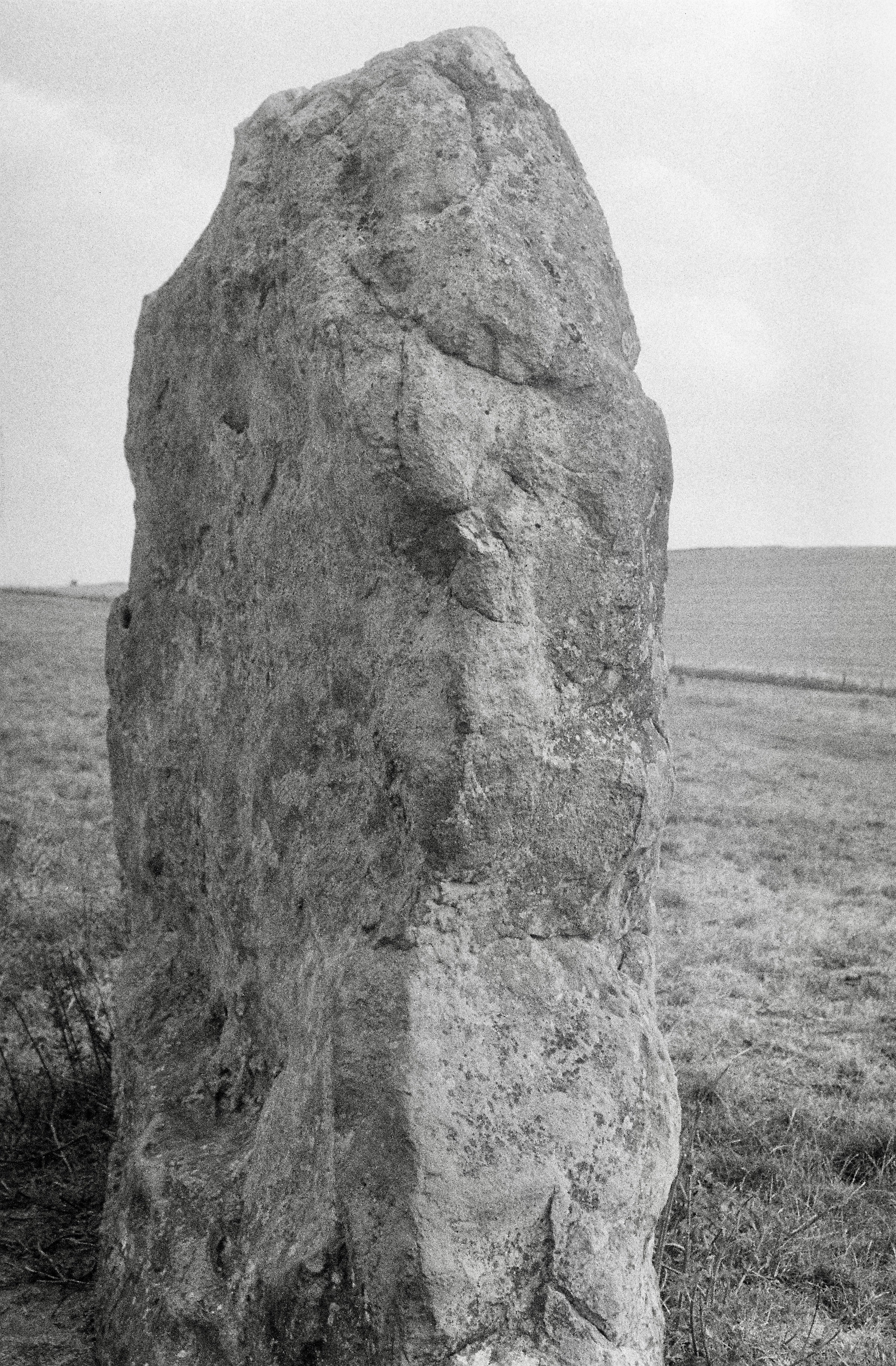 A tall weathered standing stone in a grassy field under a pale sky