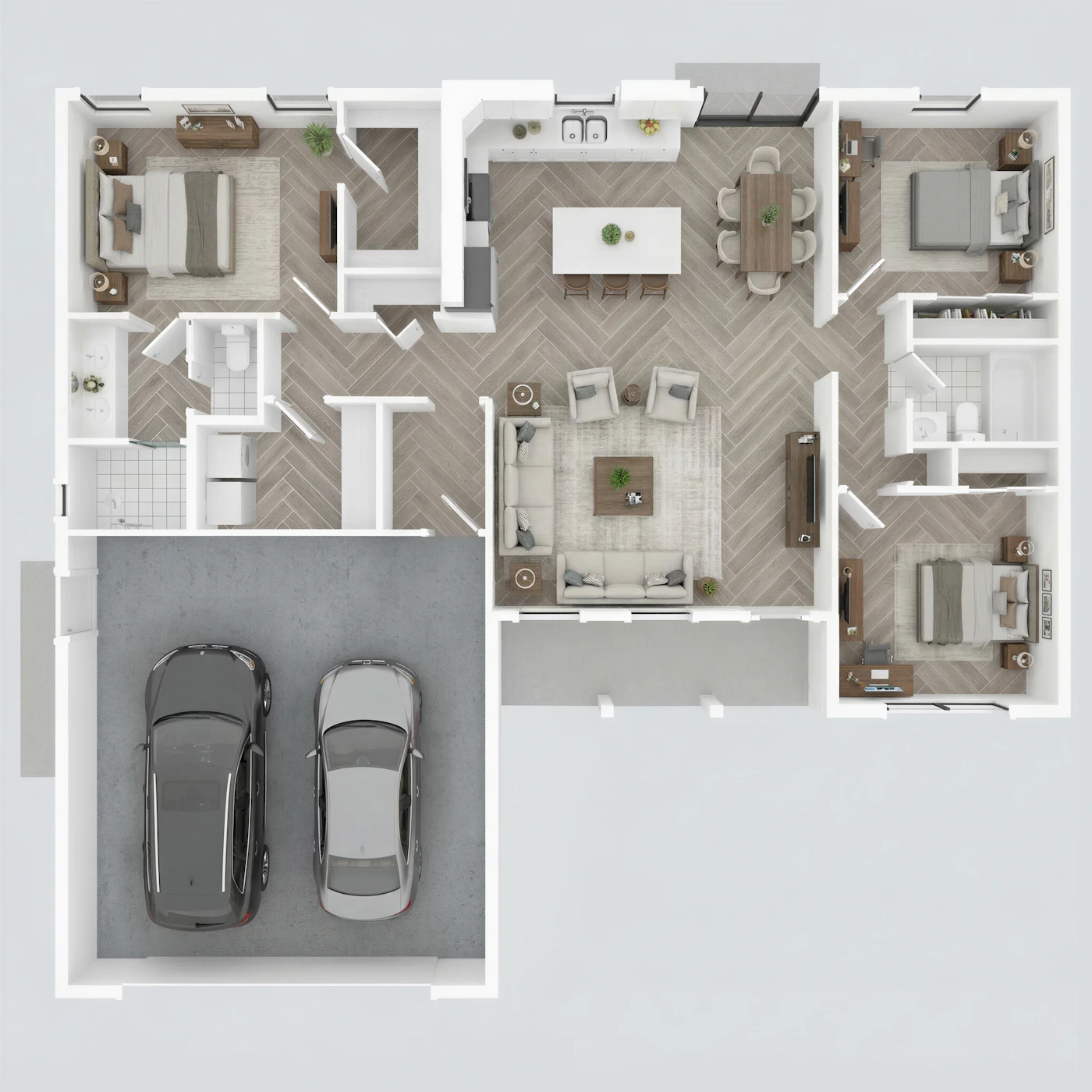 Top-down furnished floor plan showing bedrooms, bathrooms, an open-plan kitchen and dining area, living spaces, circulation areas and a double garage.