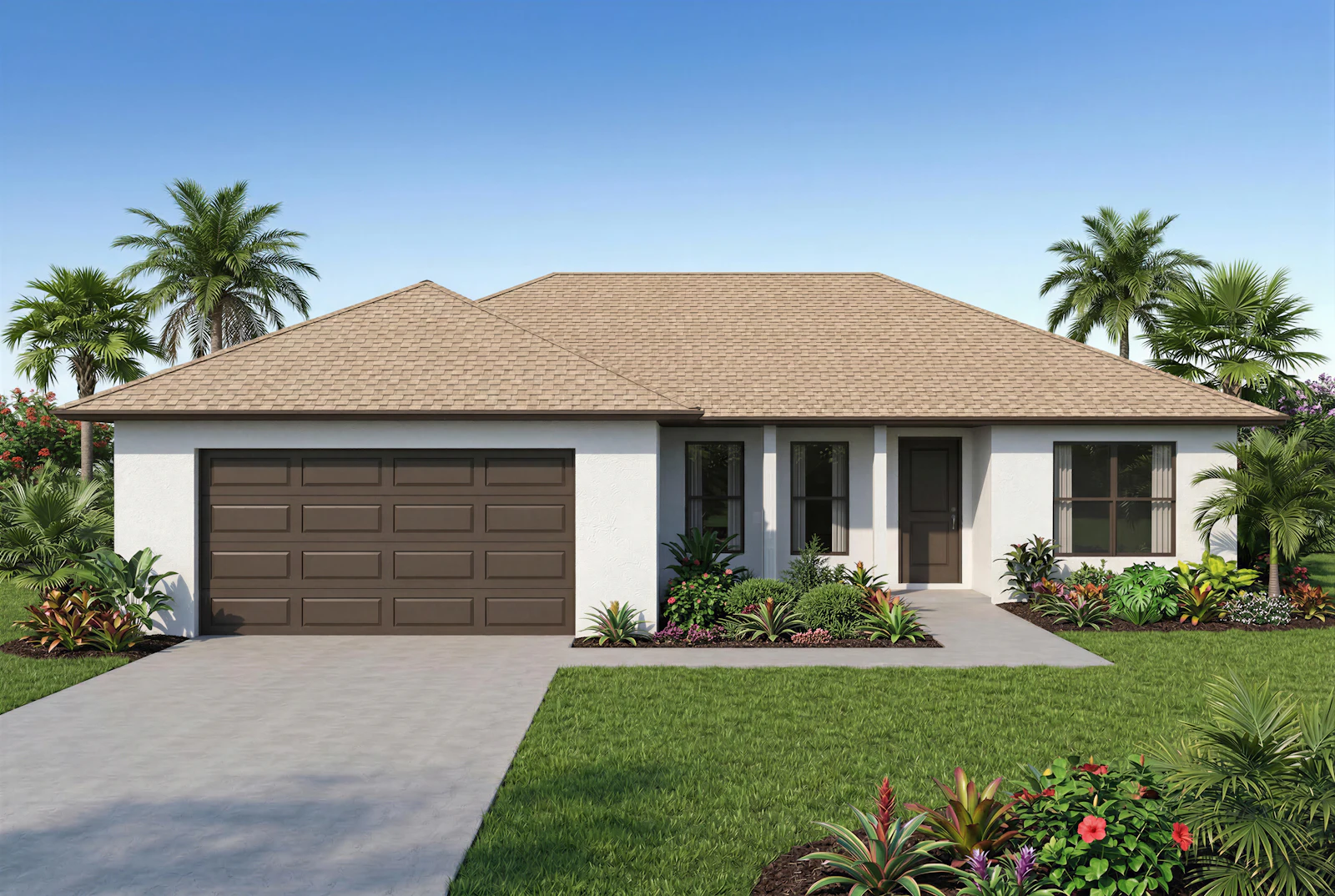 Single-story stucco home with palm trees