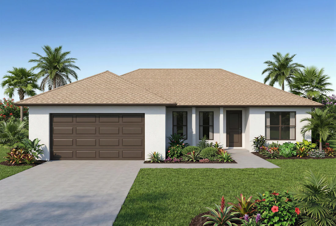 Single story stucco home with a brown garage door