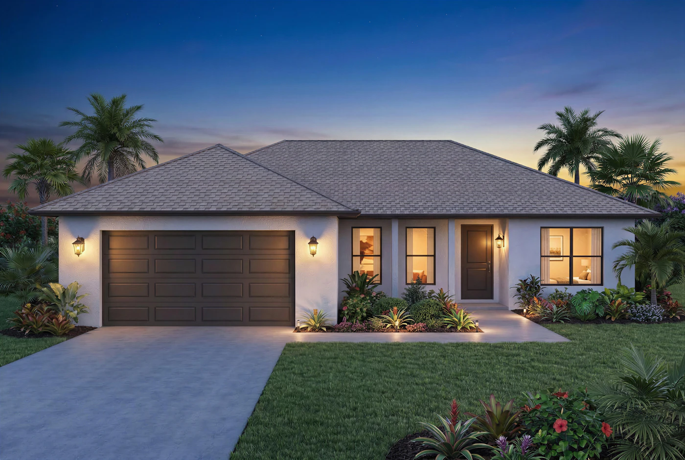 Single-story home with a garage and palm trees at dusk