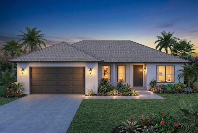 Single-story house with a dark garage door and palm trees at dusk, the kind of resale home common in Las Vegas and Henderson